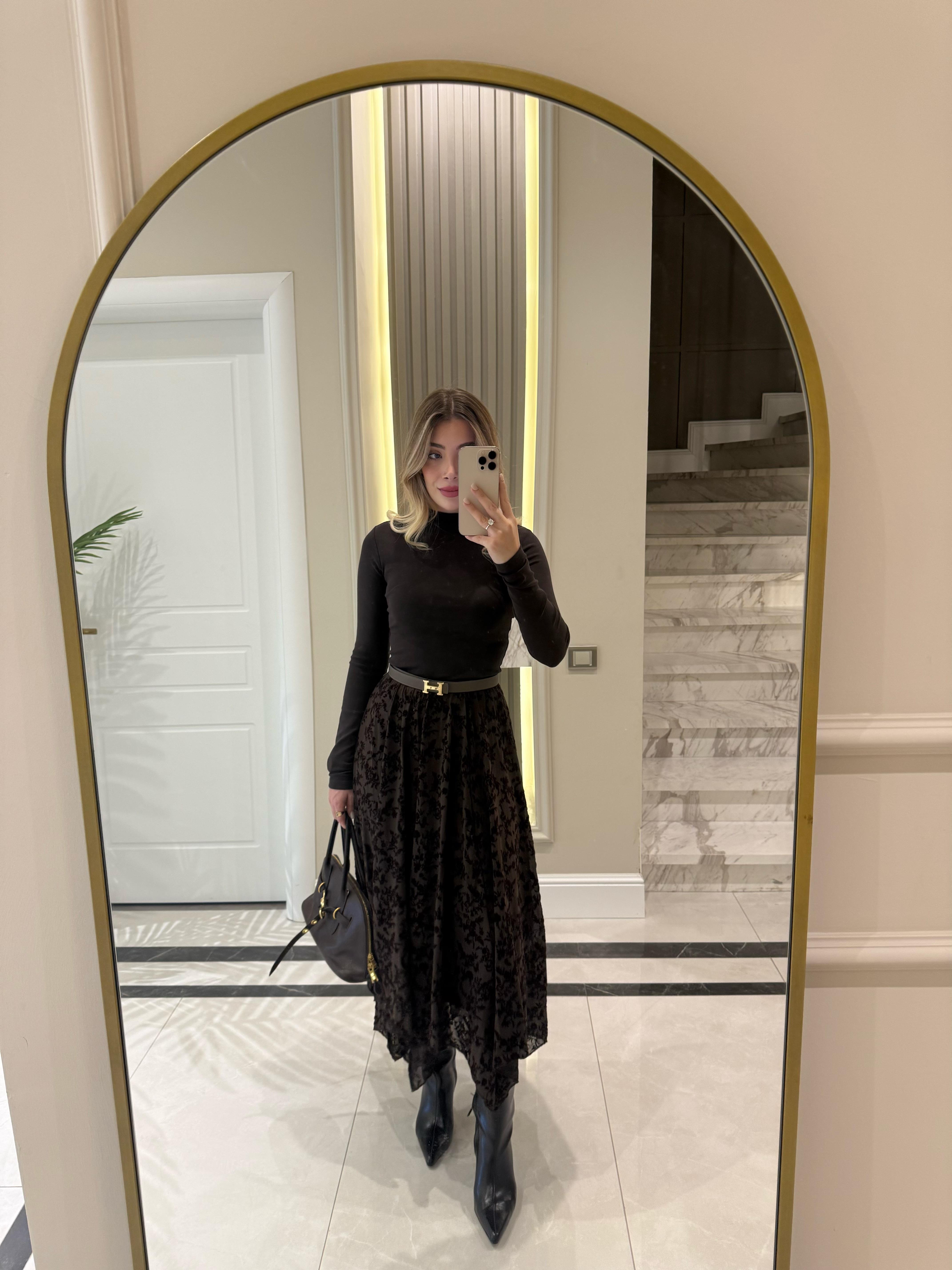 Kahverengi Flok Baskılı Etek-0709