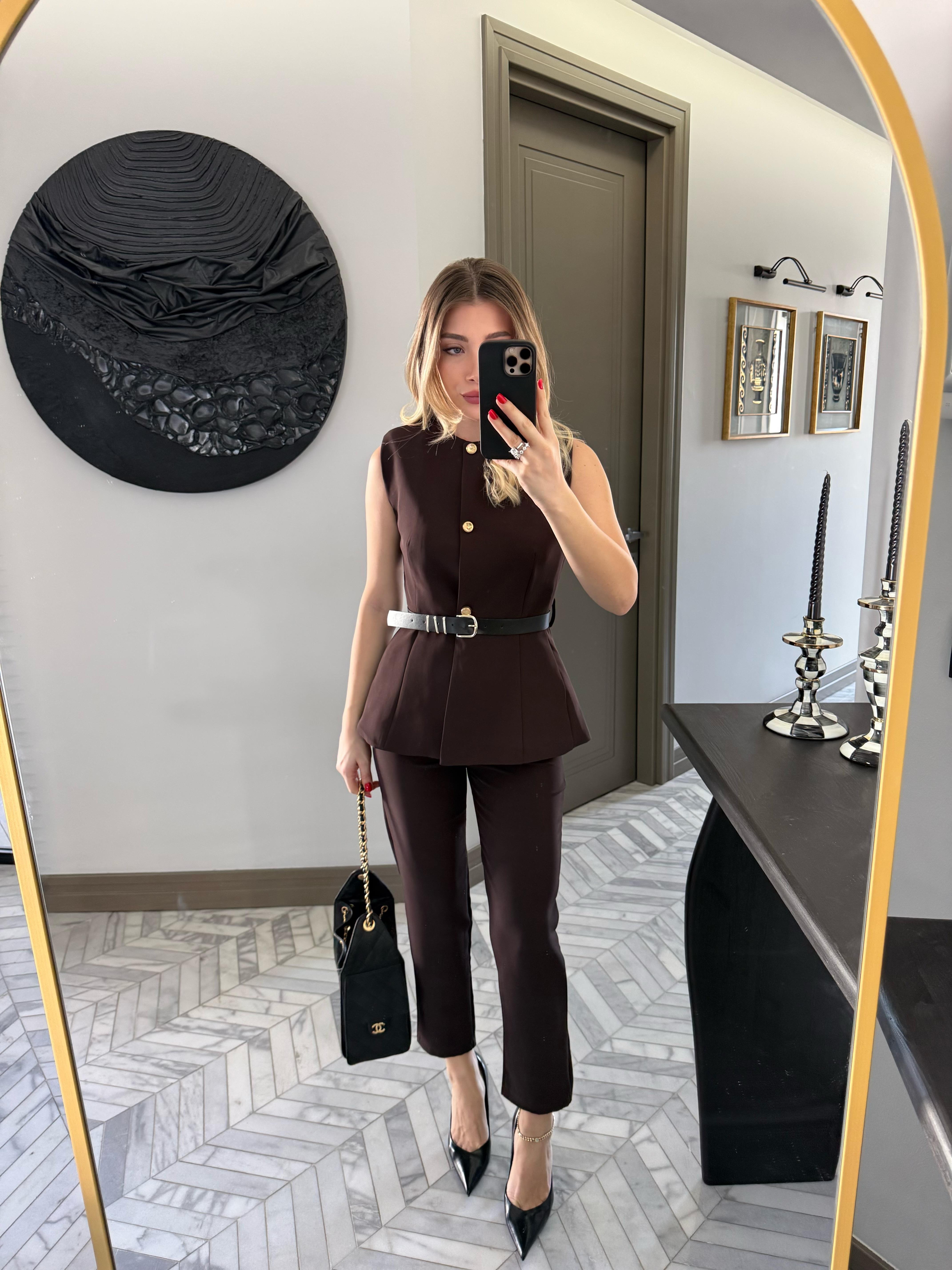 Kahverengi Gold Düğmeli Kemerli Takım-7195