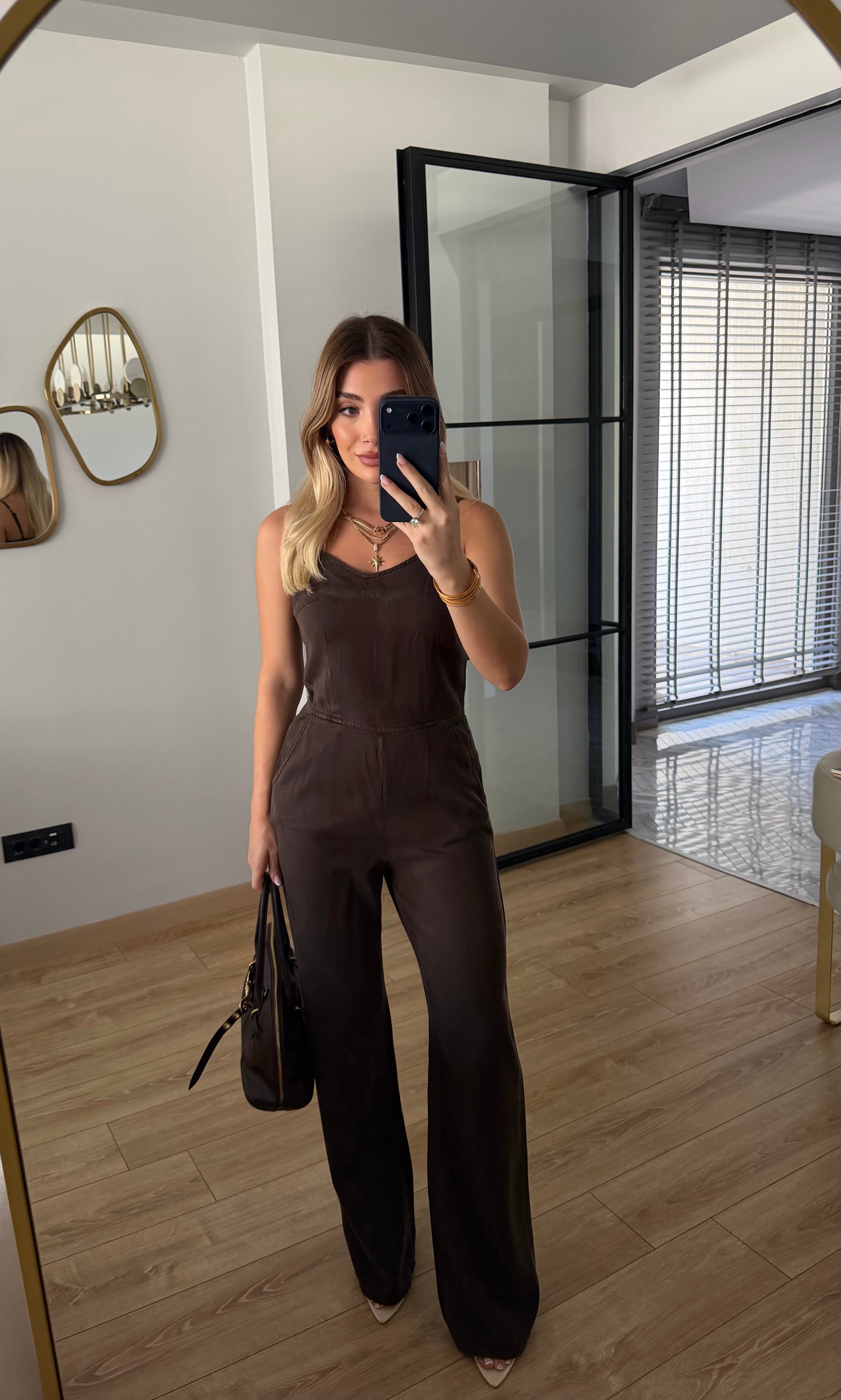 Kahverengi İnce Askılı Lyocell Tulum - 72024