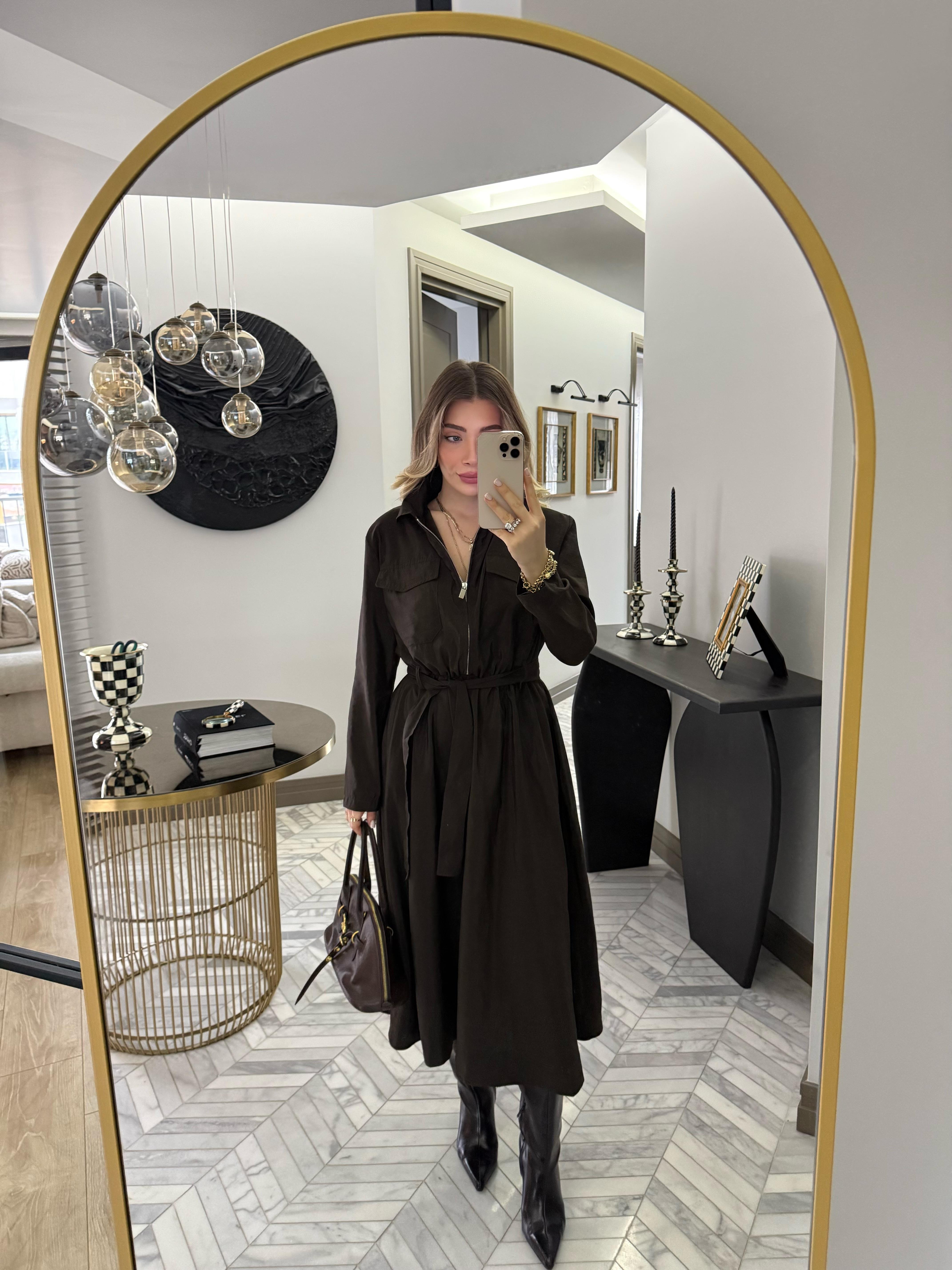 Kahverengi Kemerli Fermuarlı Elbise-37015