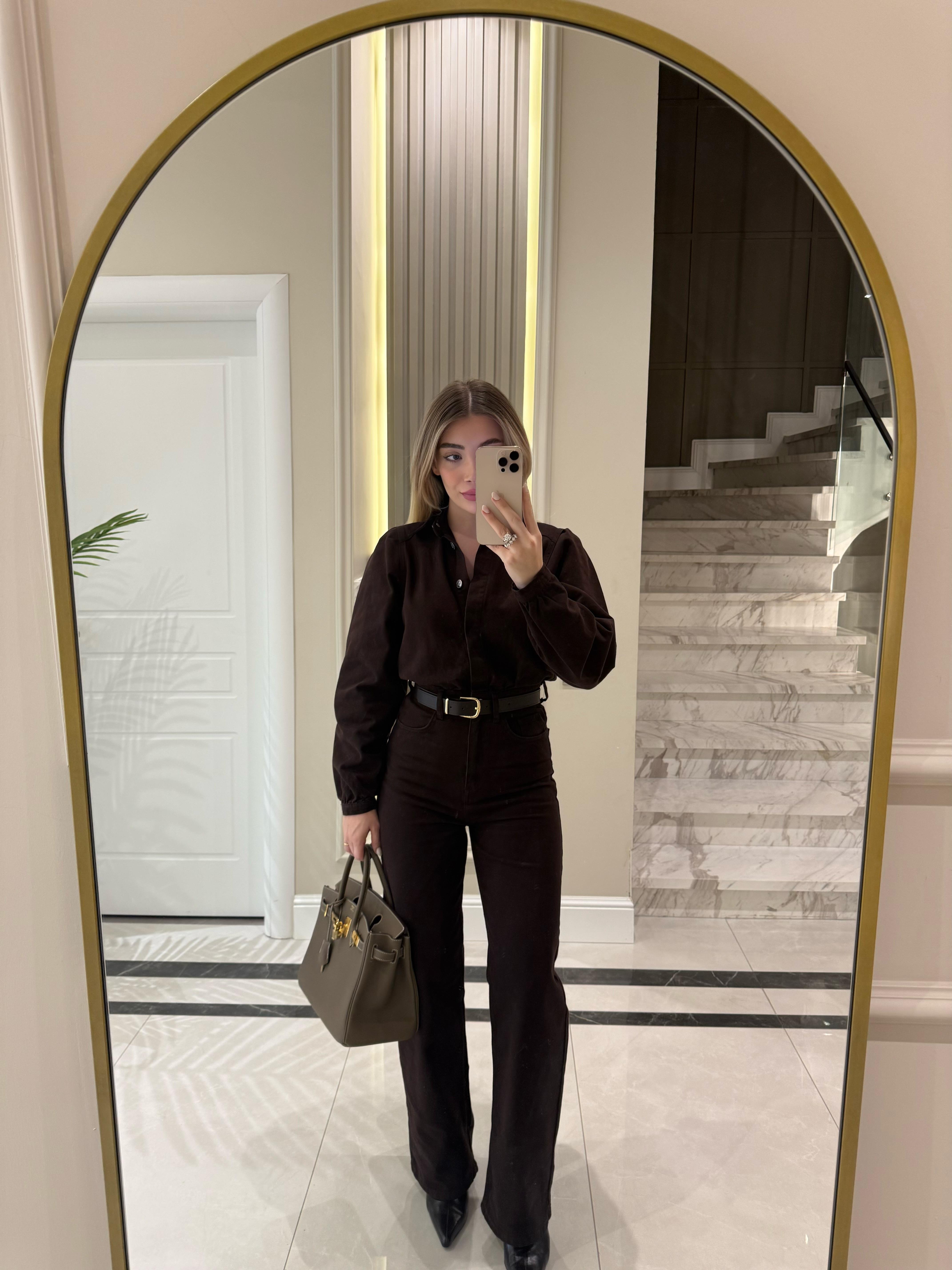 Kahverengi Kemerli Premium Denim Tulum