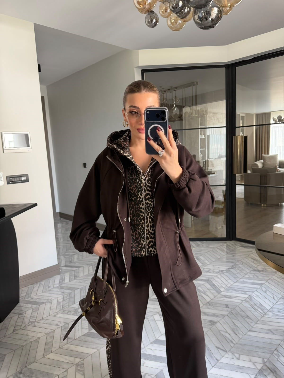 Kahverengi Leopar Taşlı Astarlı Takım