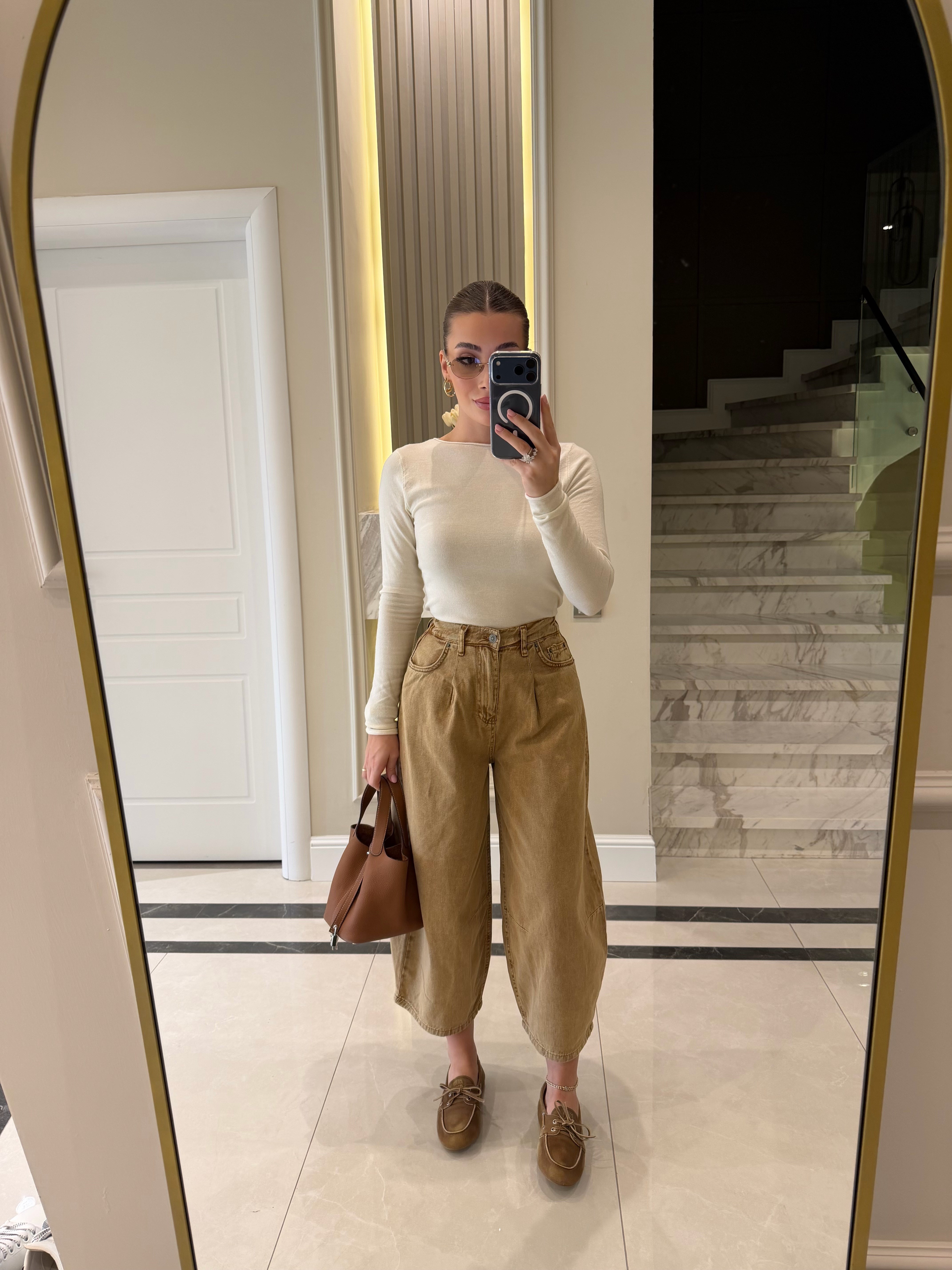 Karamel Vintage Yıkamalı Bol Kesim Jean