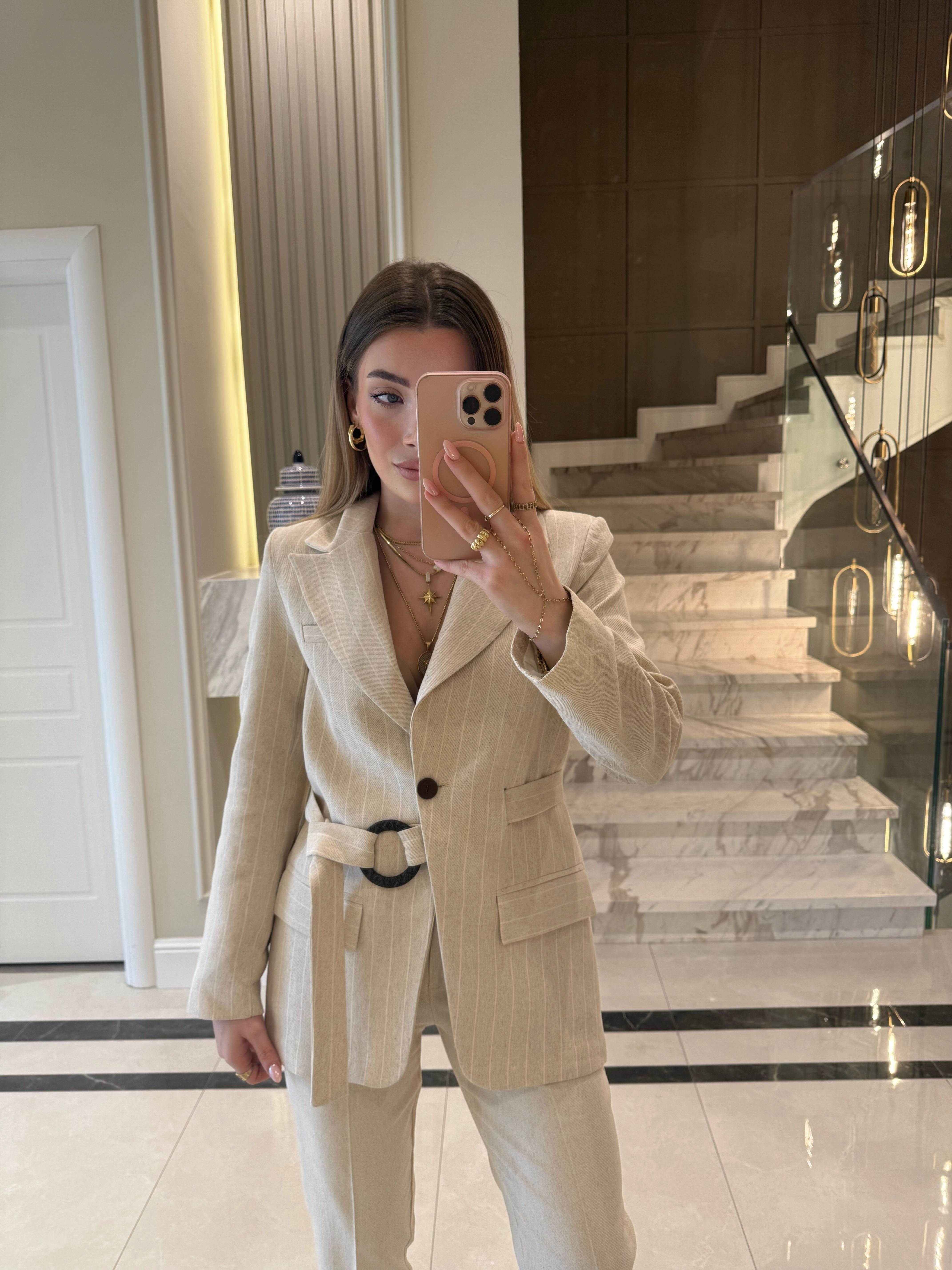 Kemerli Gabardin Keten Kuşaklı Ceket