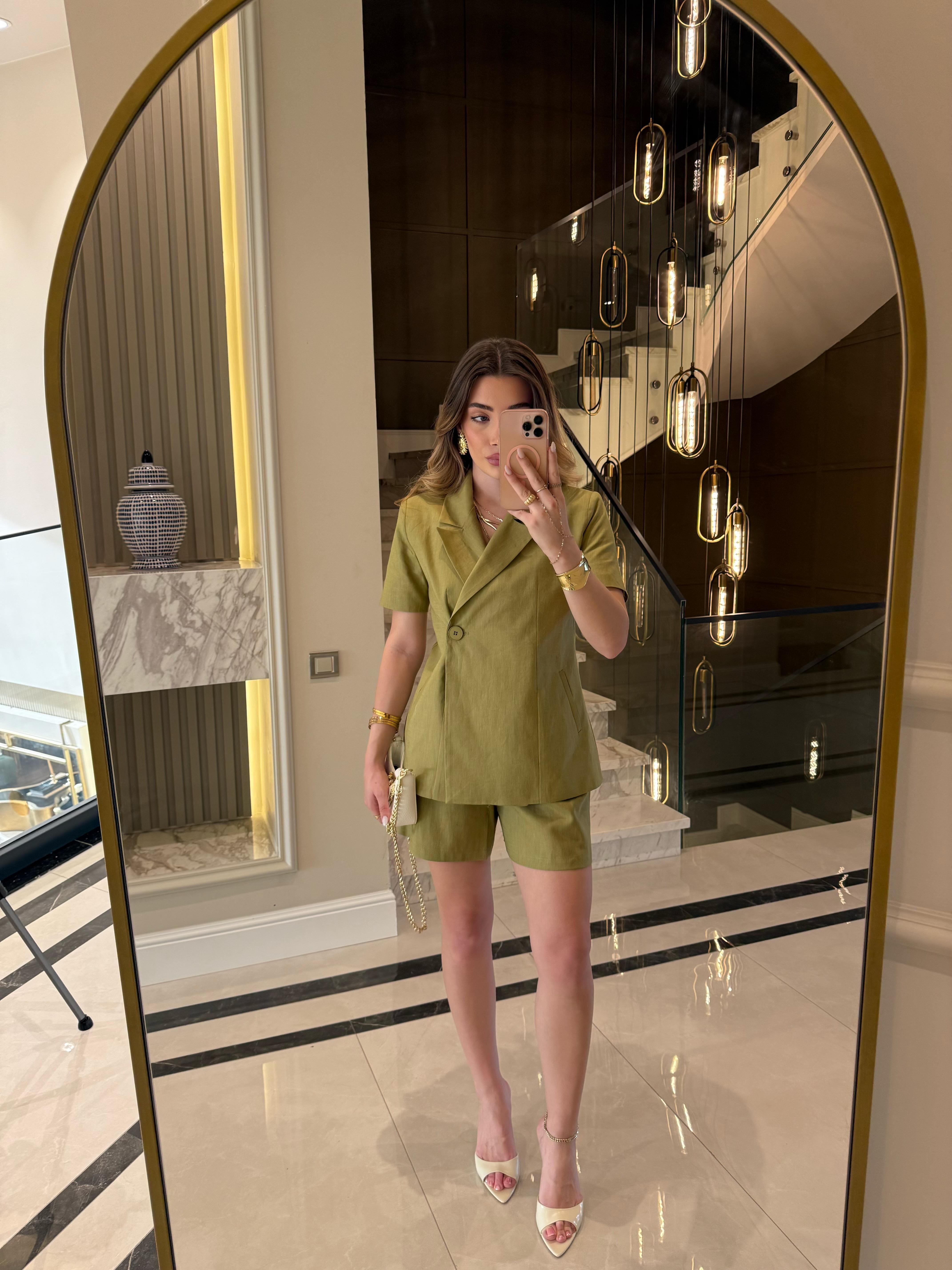 Keten Kısa Kol Blazer Ceket-Takım / Olive