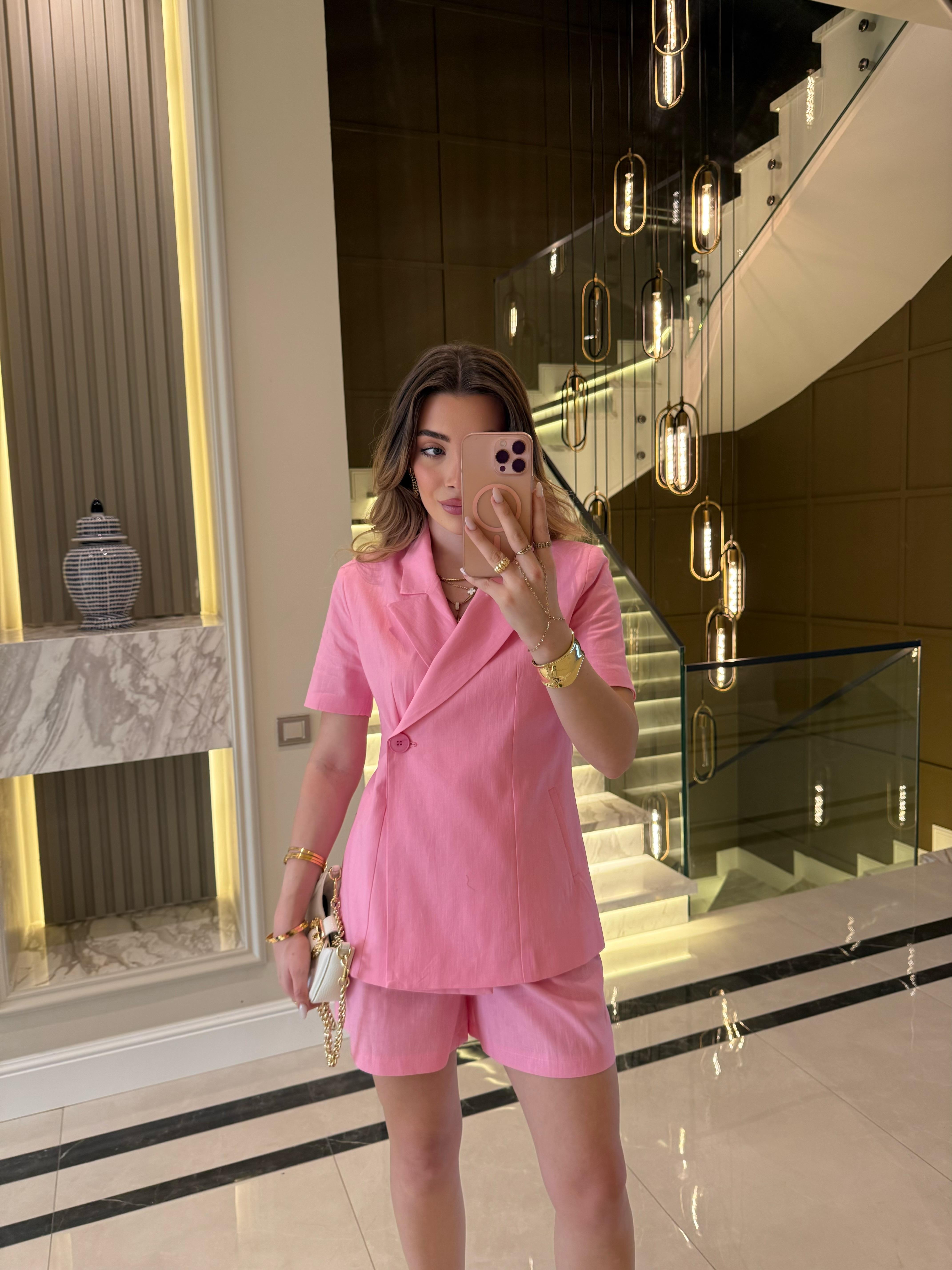 Keten Kısa Kol Blazer Ceket-Takım / Pembe
