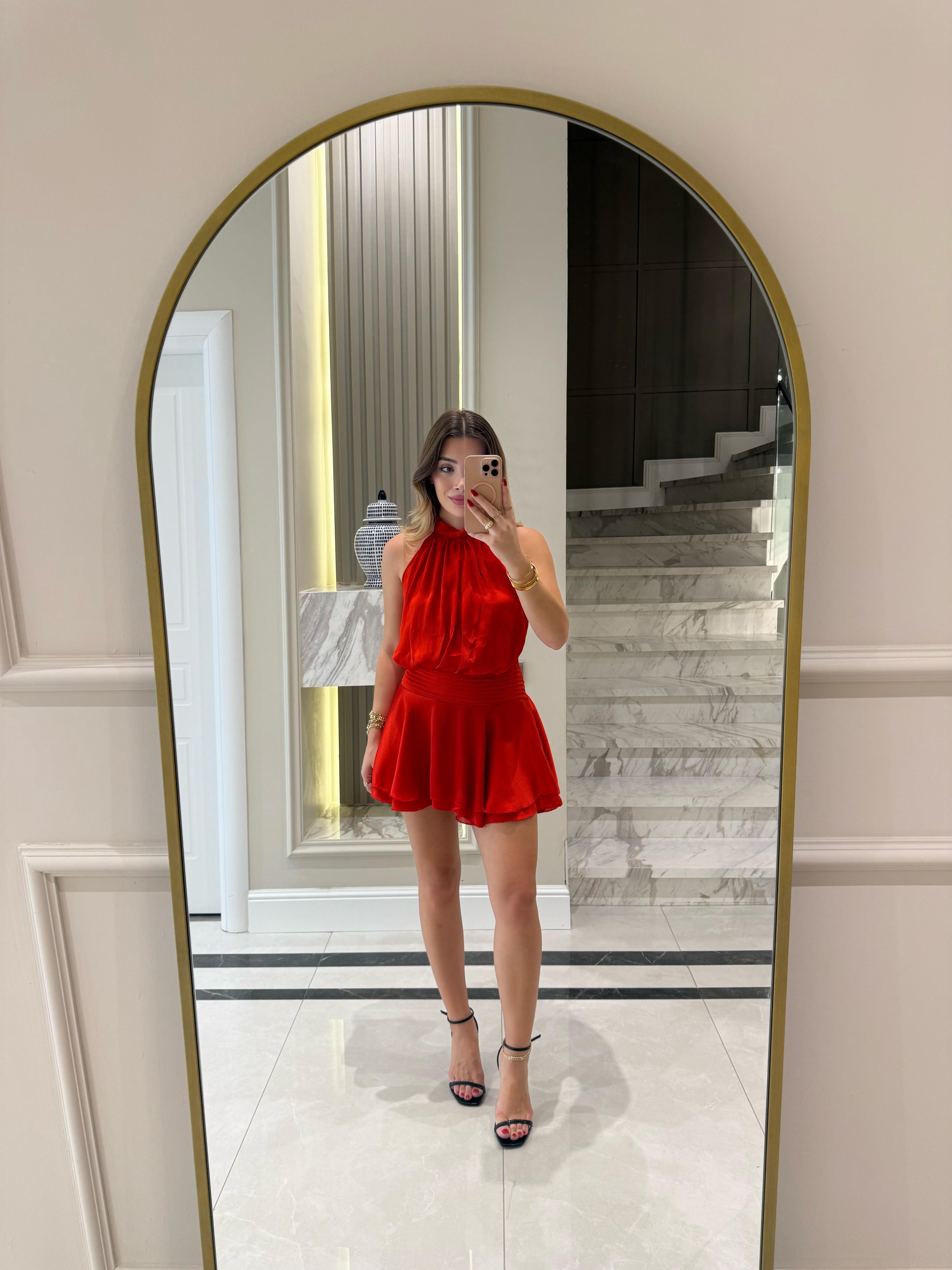 Kırmızı  Altı Volanlı Halter Yakalı Mini Elbise