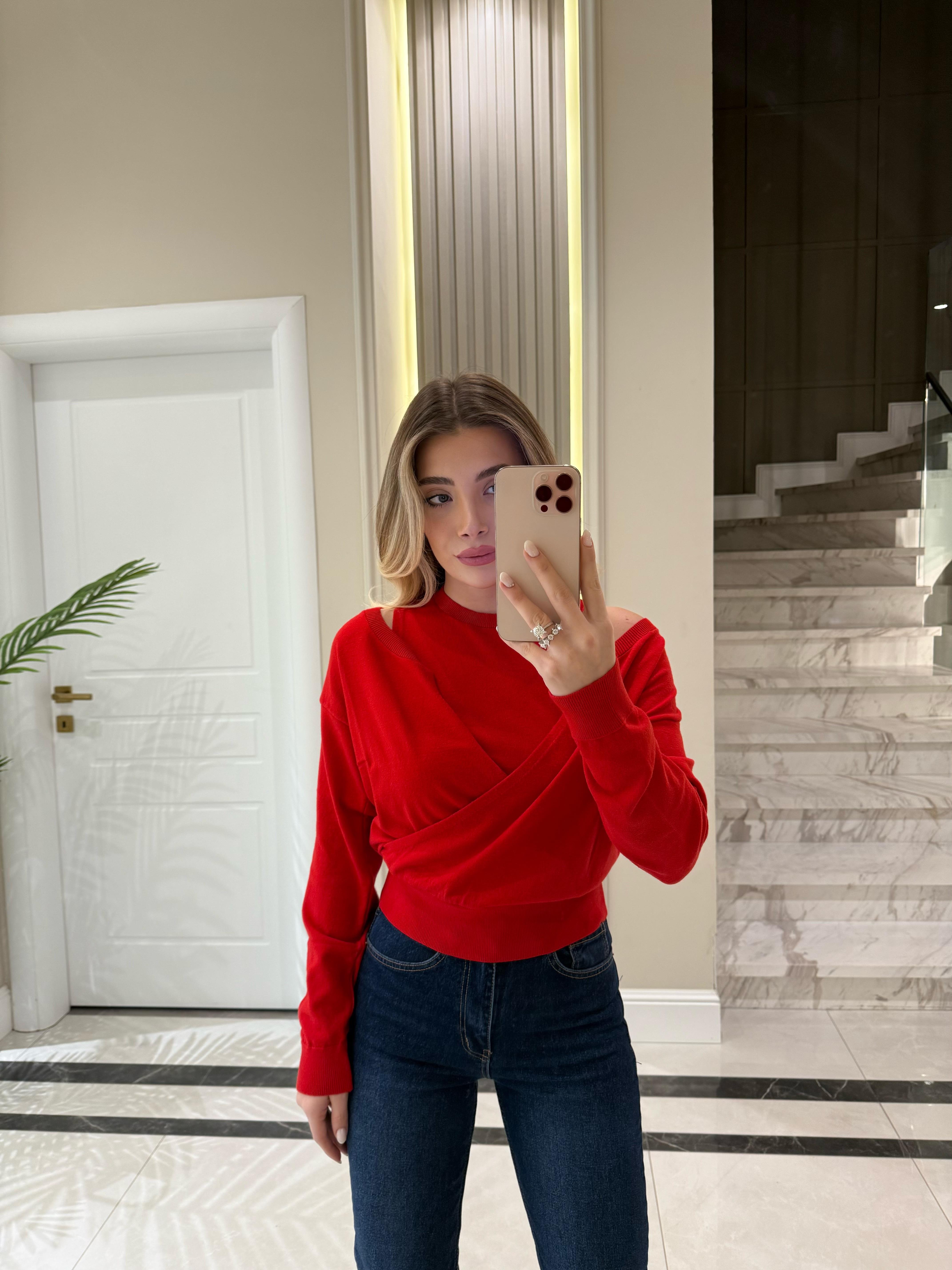 Kırmızı Triko Bluz İkili Takım-1021