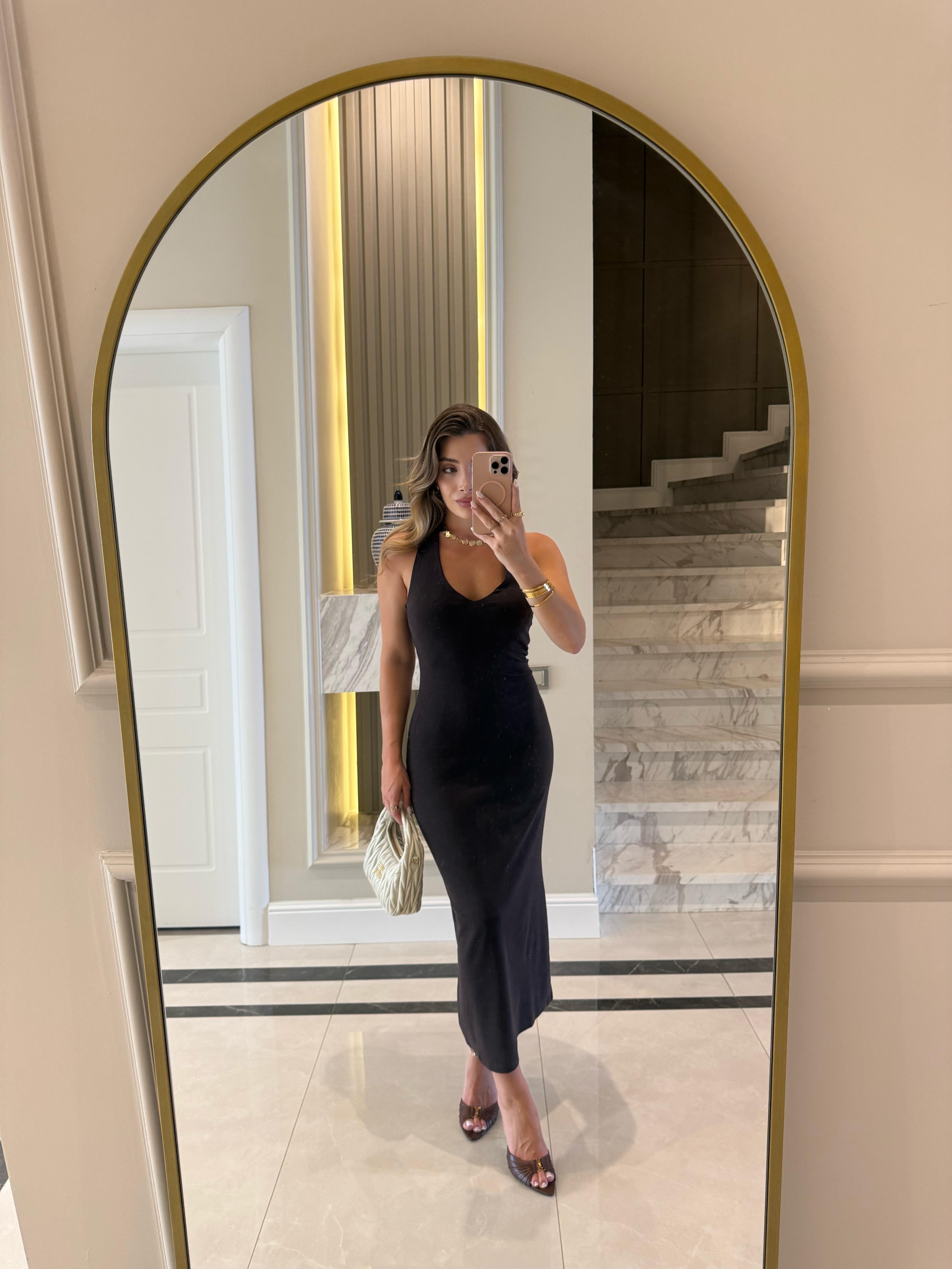 Koyu Kahve Halter Yaka Midi Elbise-91476