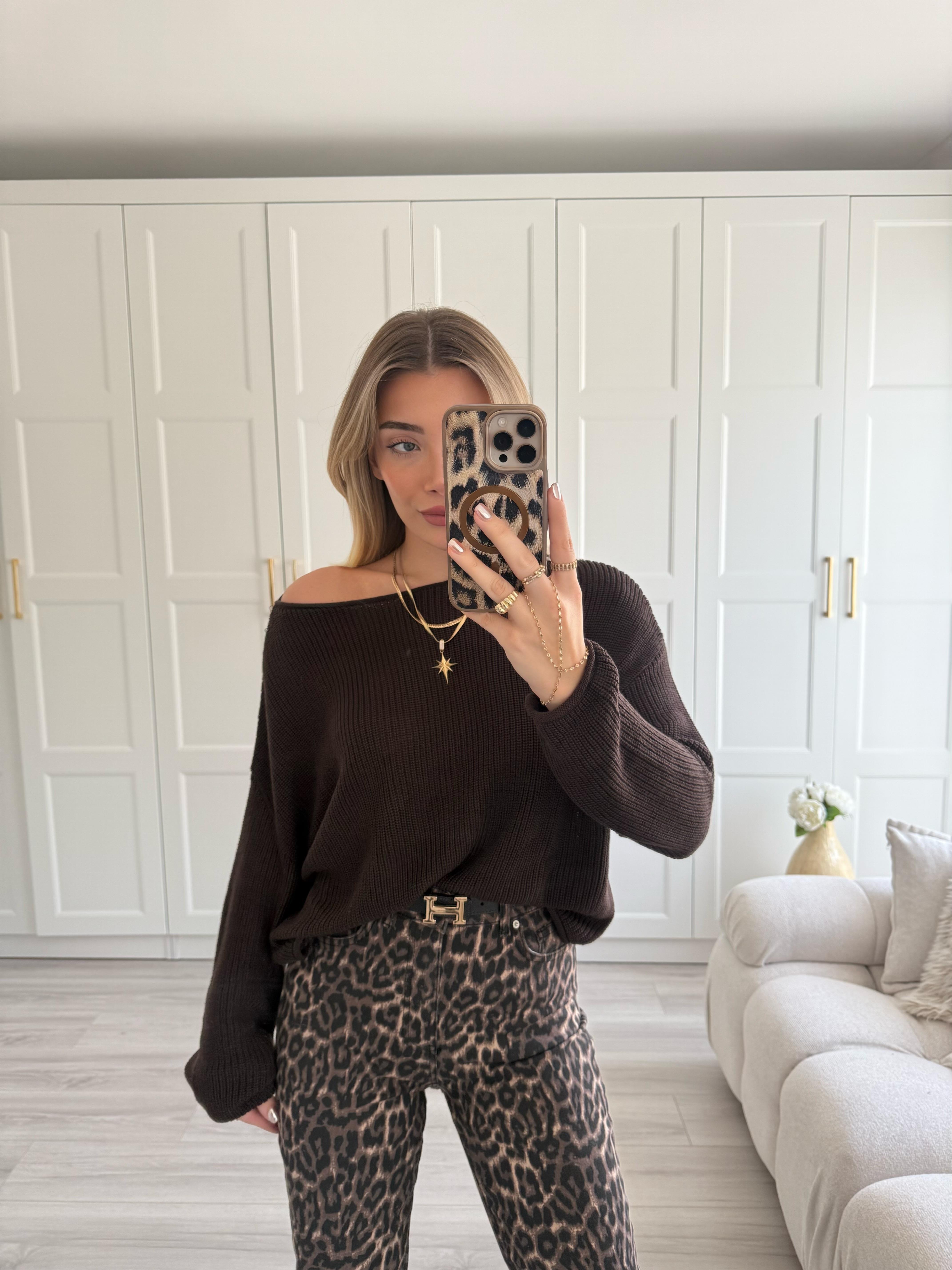 Koyu Kahve Kayık Yaka Basic Triko Kazak- 10804