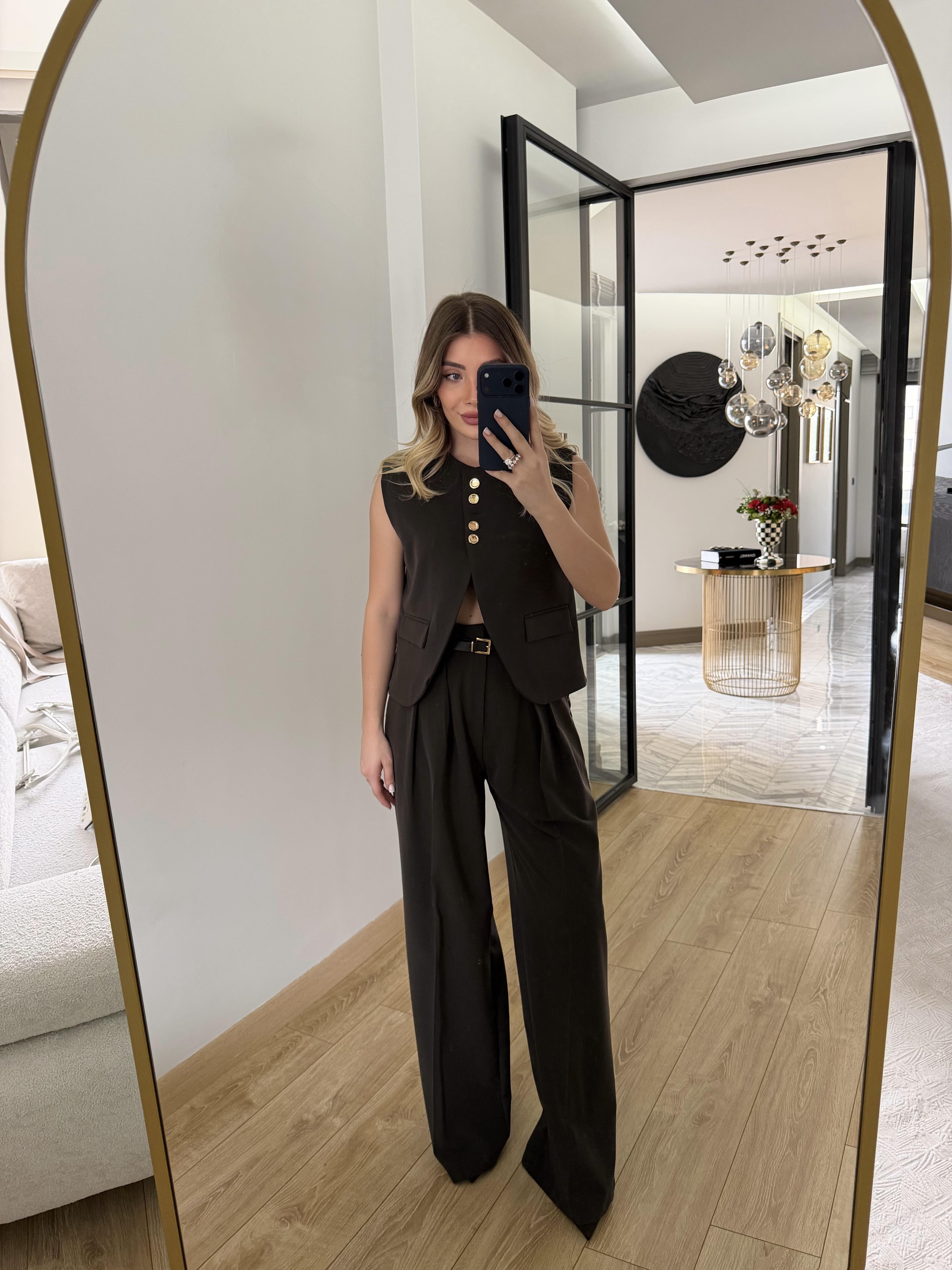 Koyu Kahve Kemerli Yelek Pantolon Takım-9716