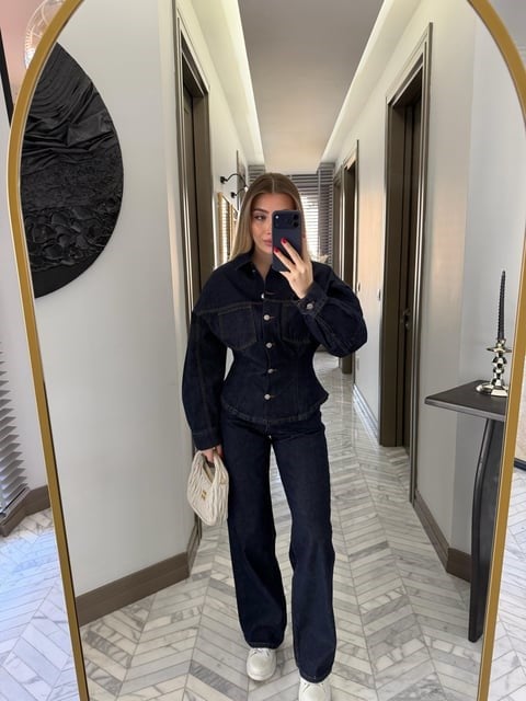 Koyu Lacivert Belden Oturan Denim Takım