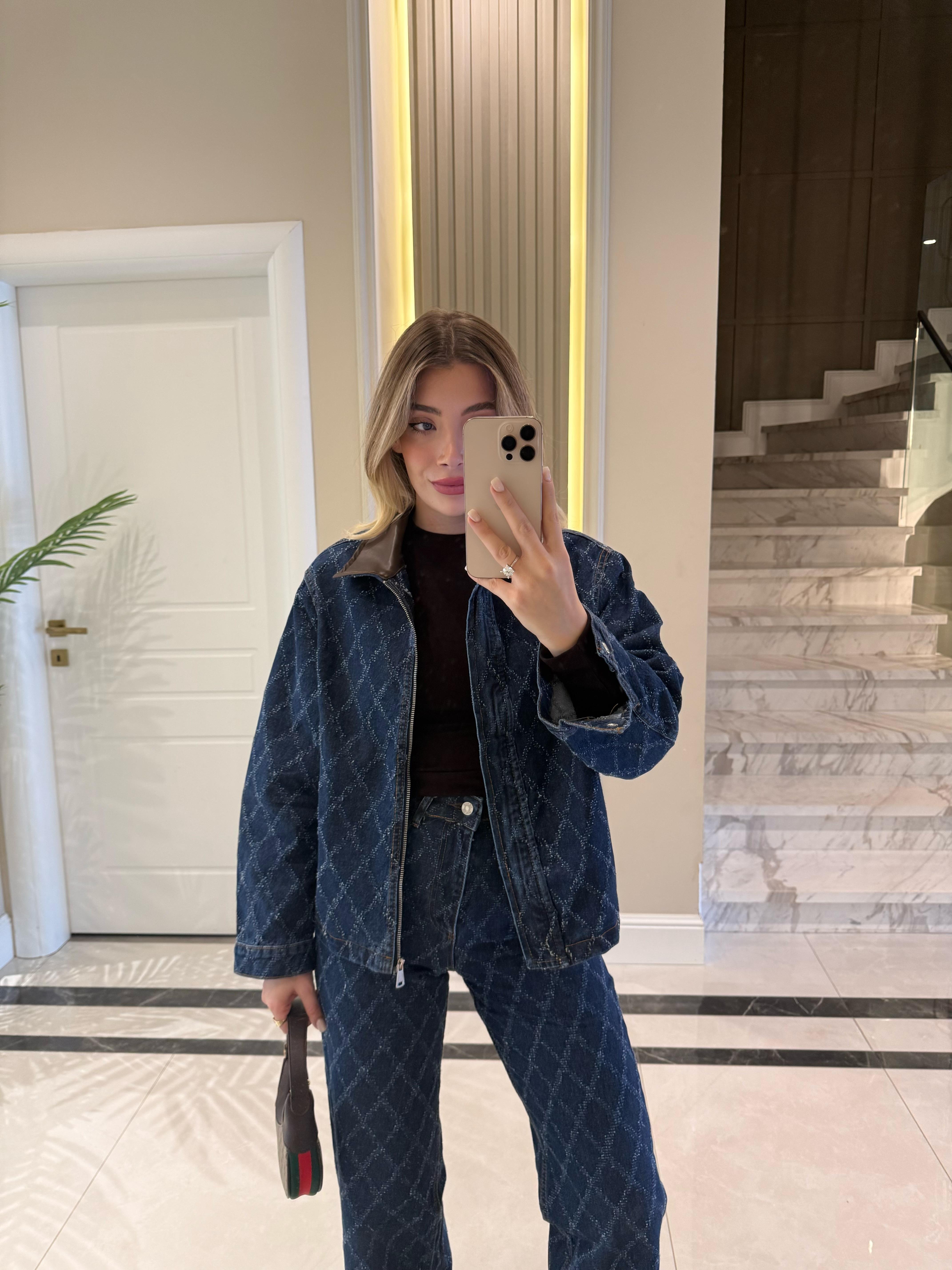 Koyu Mavi Denim Baklava Desenli Desenli Yaka Ceket- Pantolon Takım