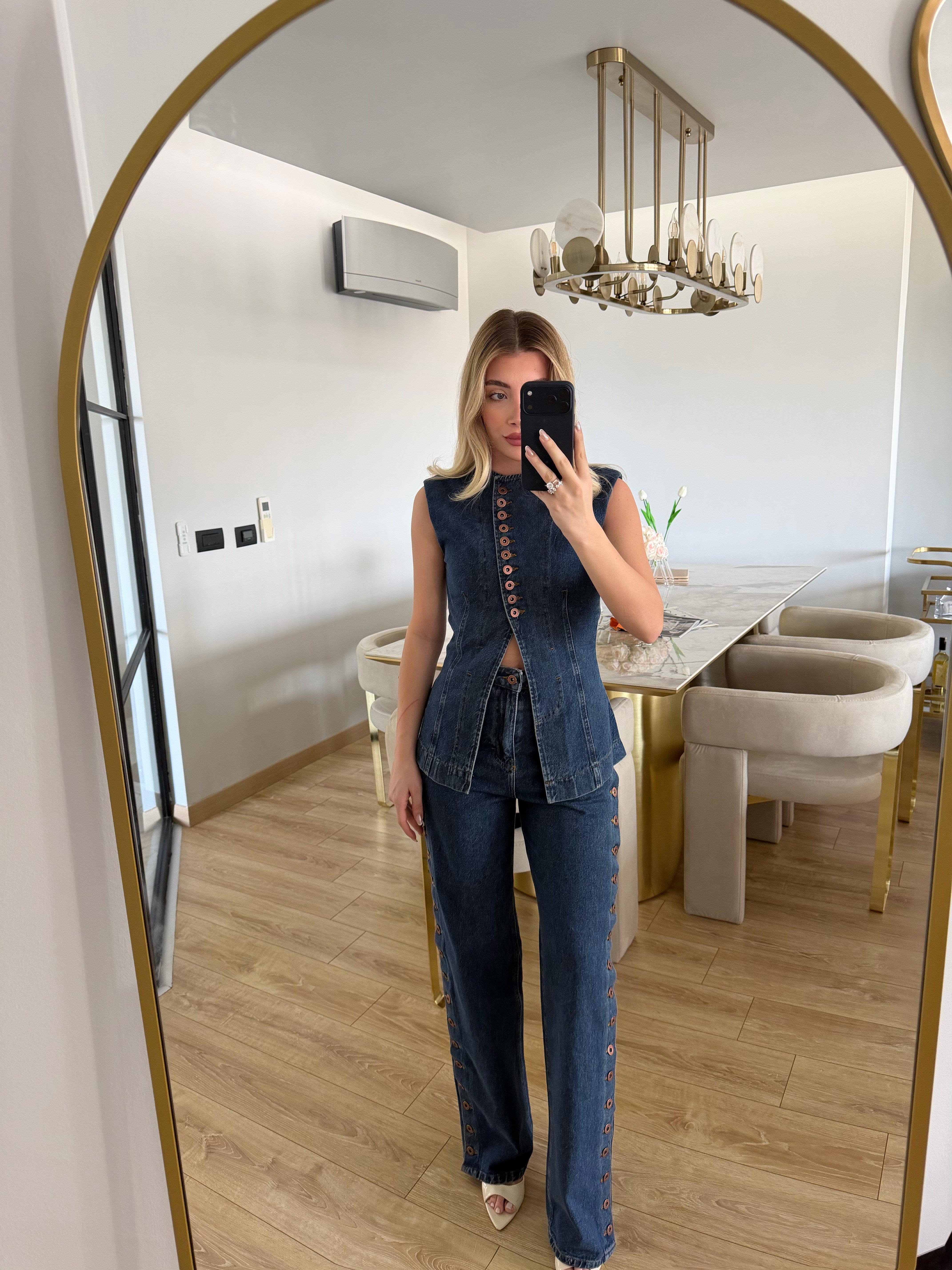Koyu Mavi Düğmeli Yelek-Pantolon Denim Takım