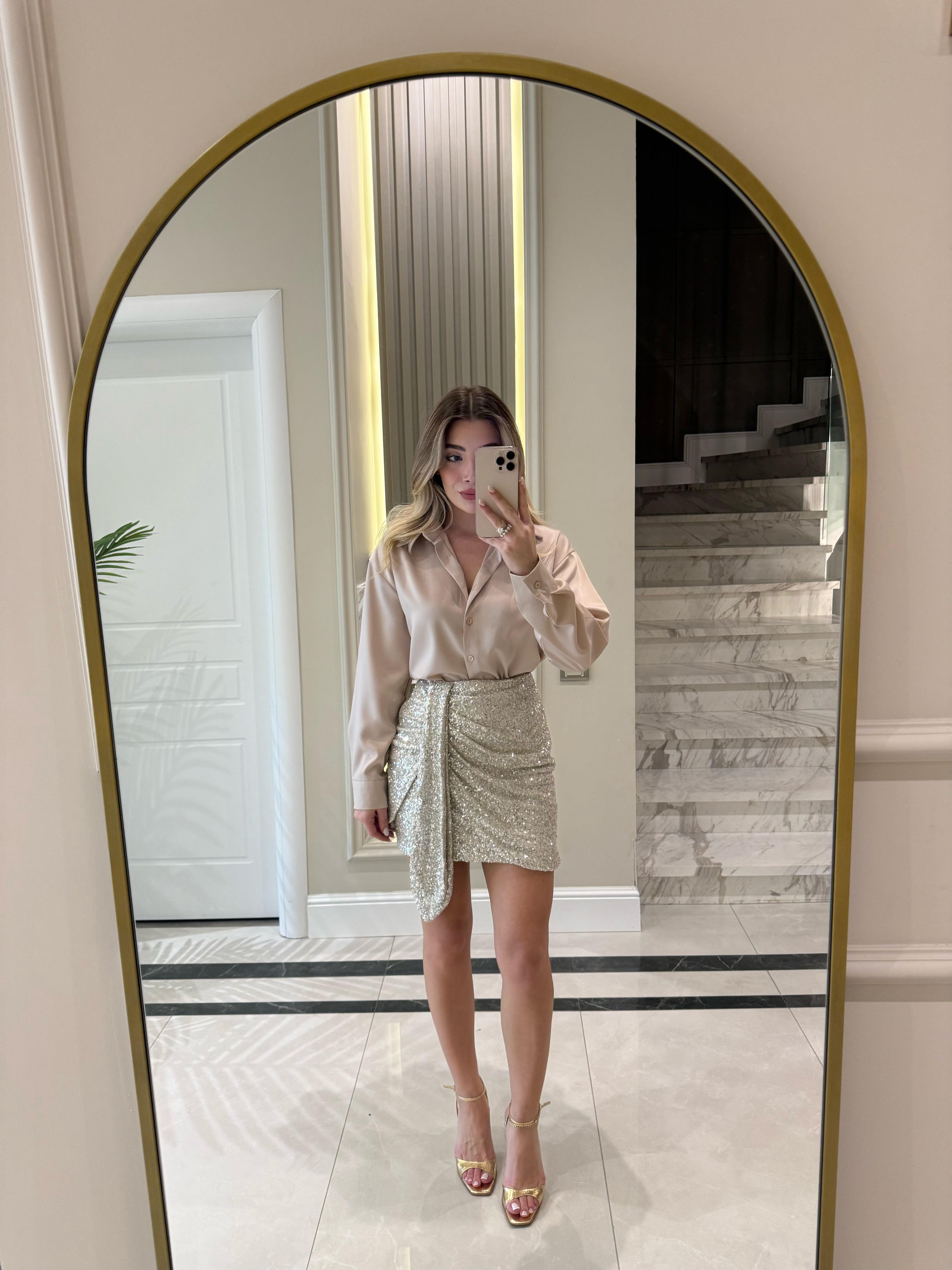 Krem  Detaylı Pul Payet Mini Etek