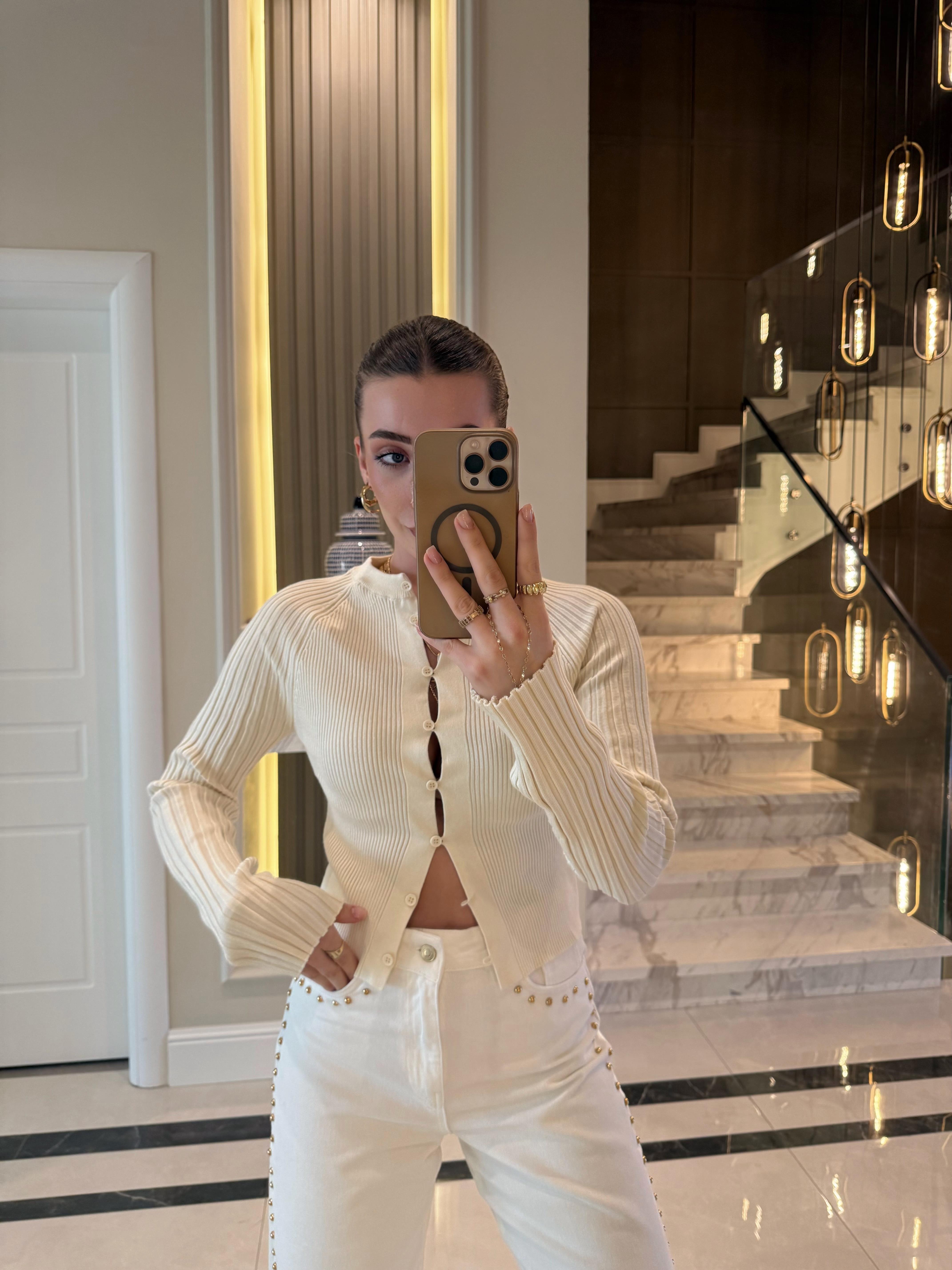 Krem Dlv Bisiklet Yaka Fitilli Düğmeli İnce Triko - 60967