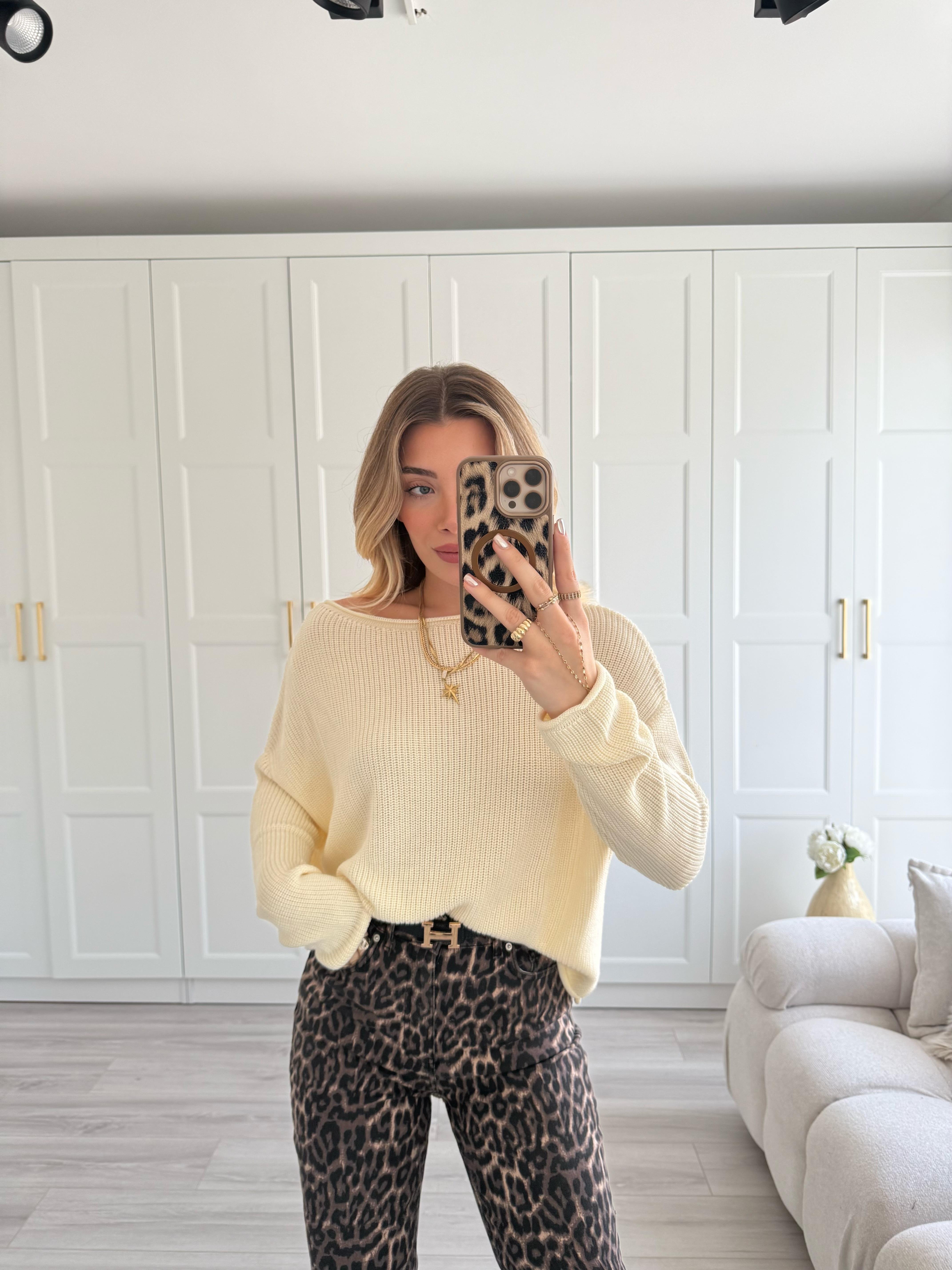 Krem Kayık Yaka Basic Triko Kazak- 10804