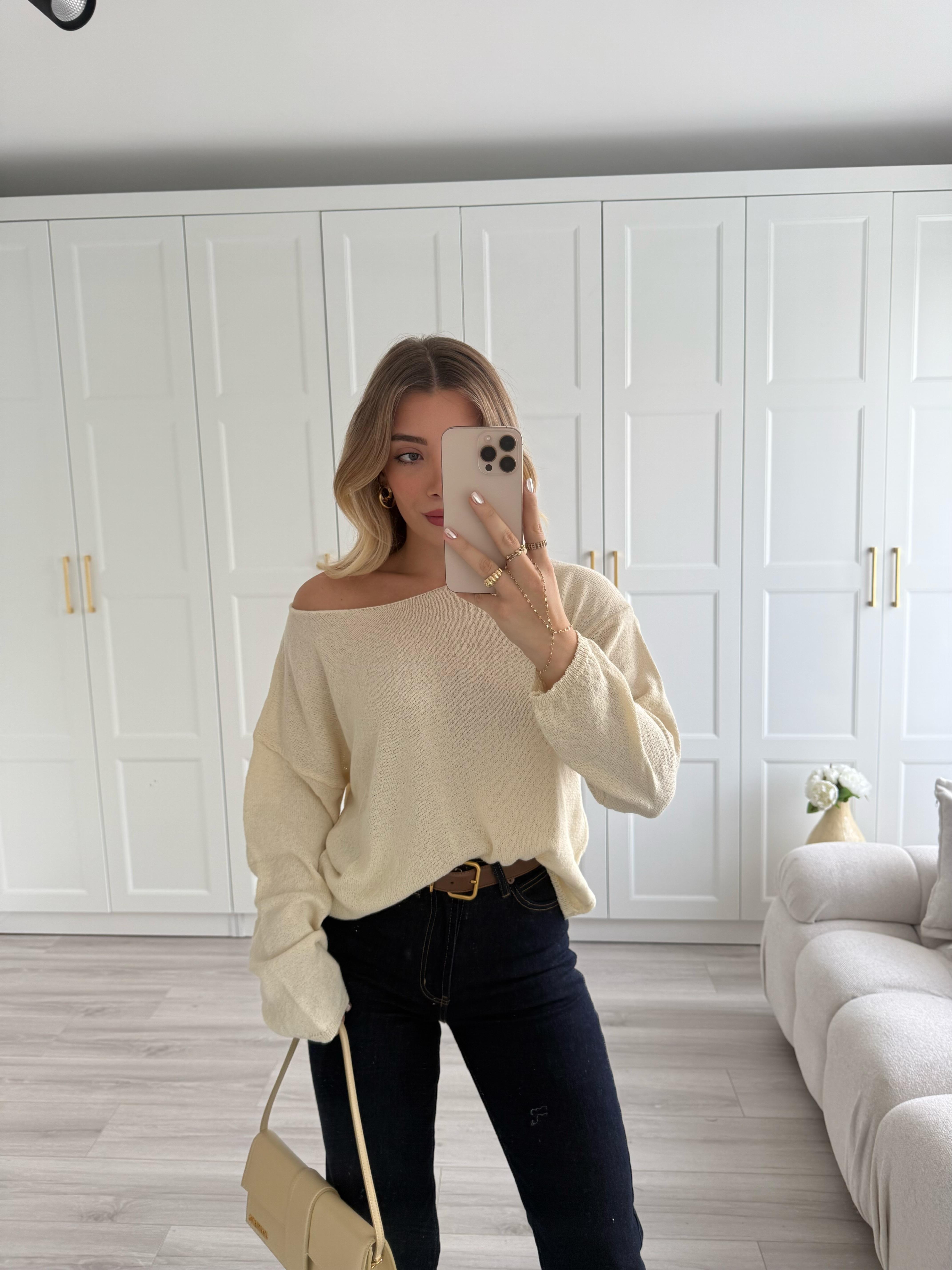 Krem Kayık Yaka Merserize Triko