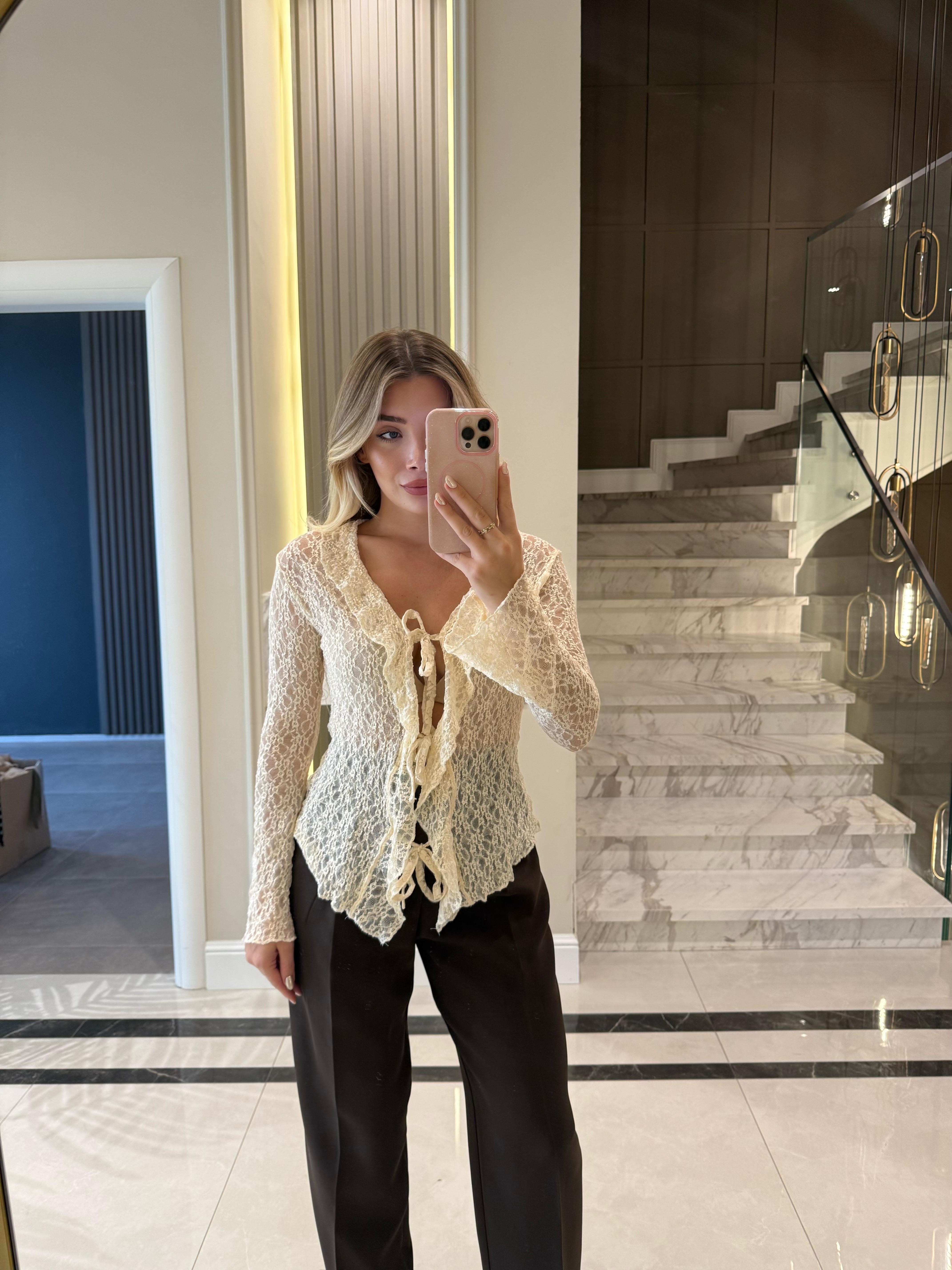 Krem  Önü Bağlamalı Transparan Bluz -1012