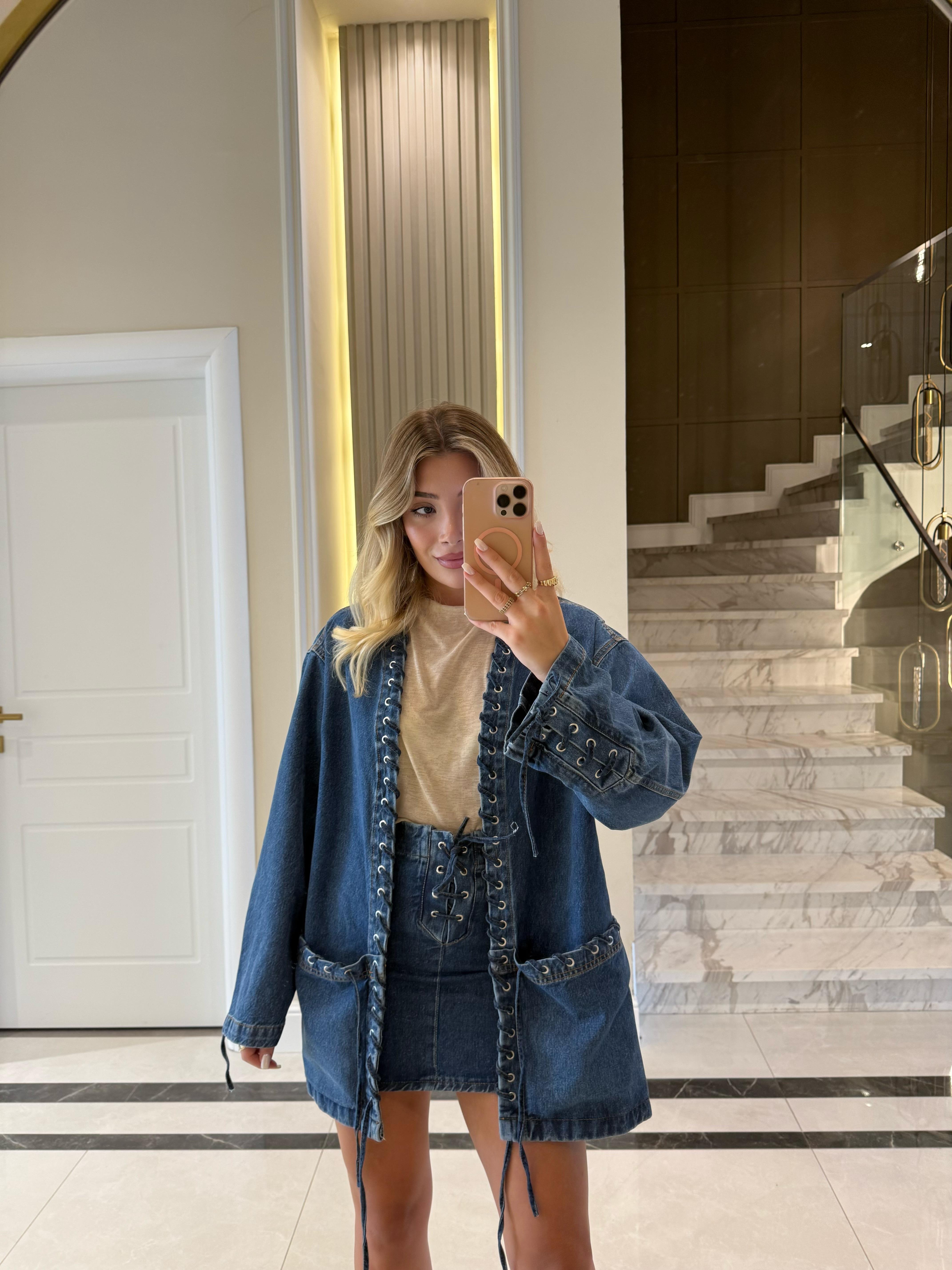 Kuş Gözü Detaylı İkili Denim Takım 