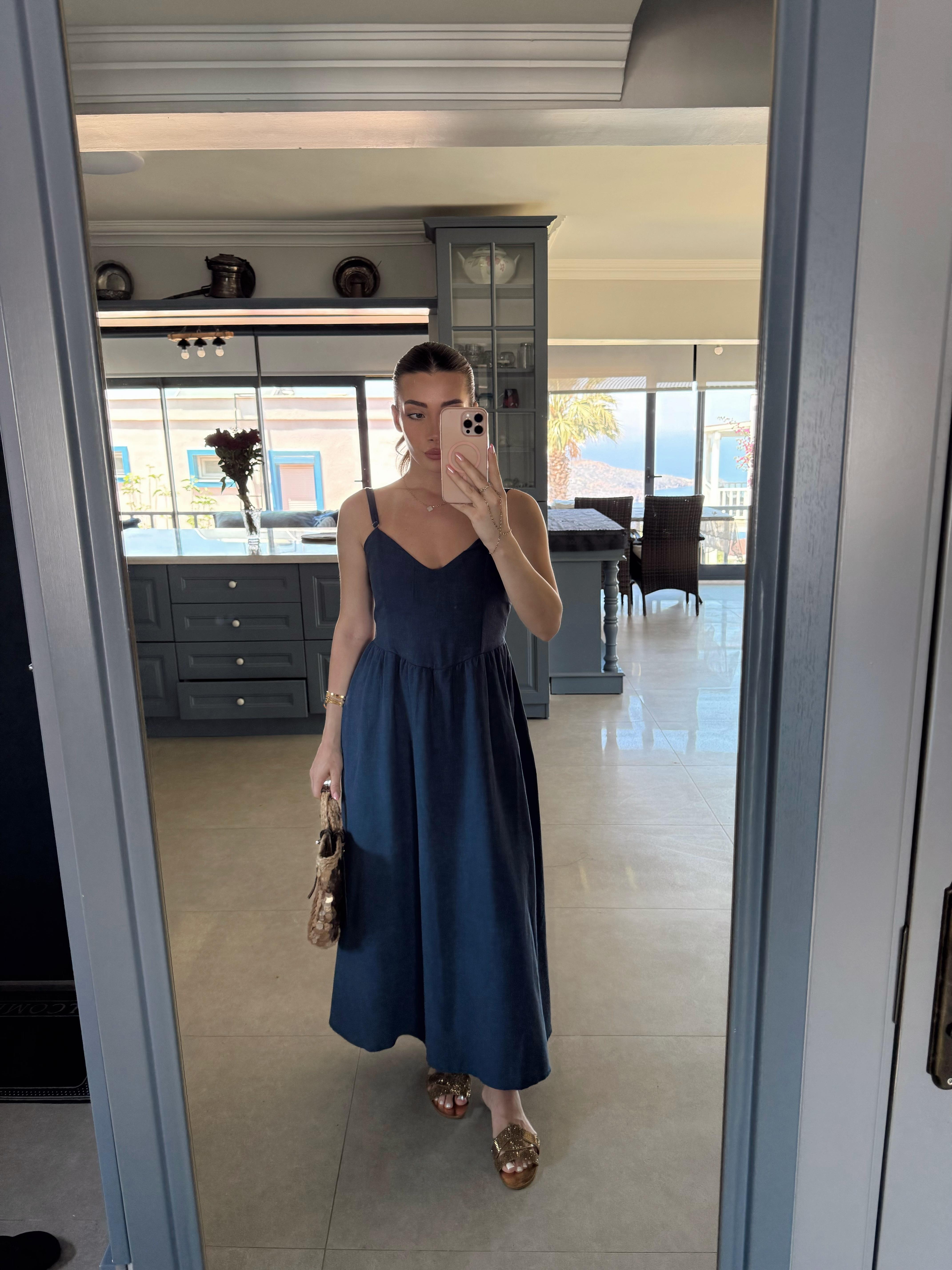 Lacivert Arkadan Bağlamalı Elbise CR