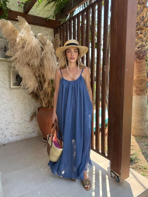 Lacivert Askılı Büzgülü Natural Elbise - 3173
