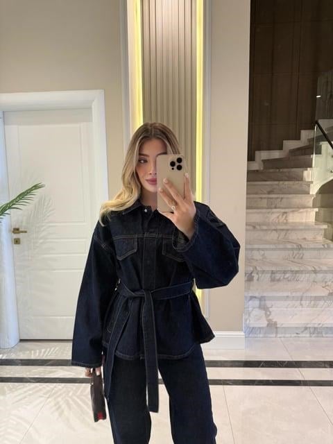 Lacivert Cepli Kuşaklı Denim Takım
