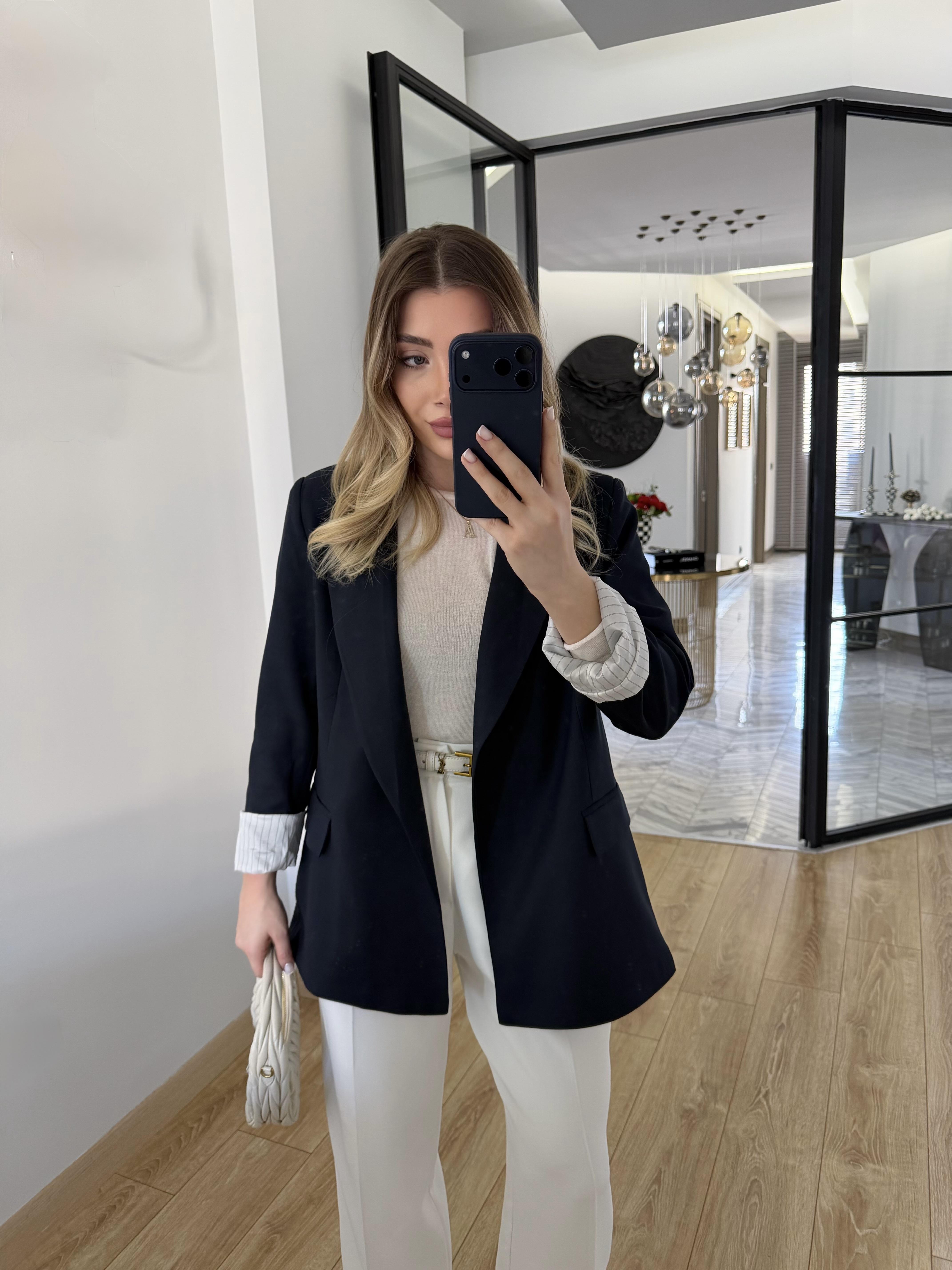 Lacivert Çizgili Astarlı Poliviskon Ceket-9300