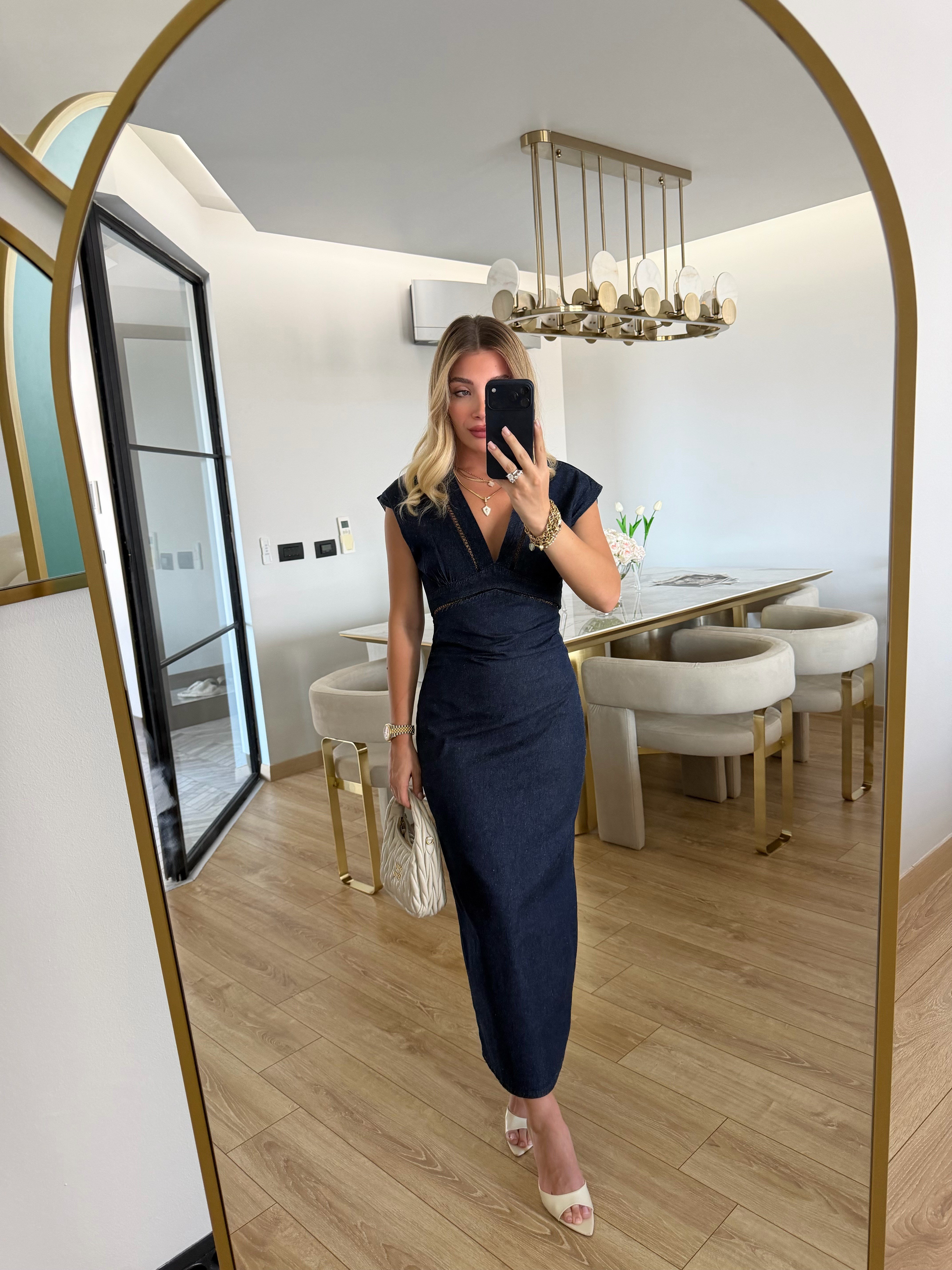 Lacivert Dantel Detaylı Marka Model Denim Midi Elbise