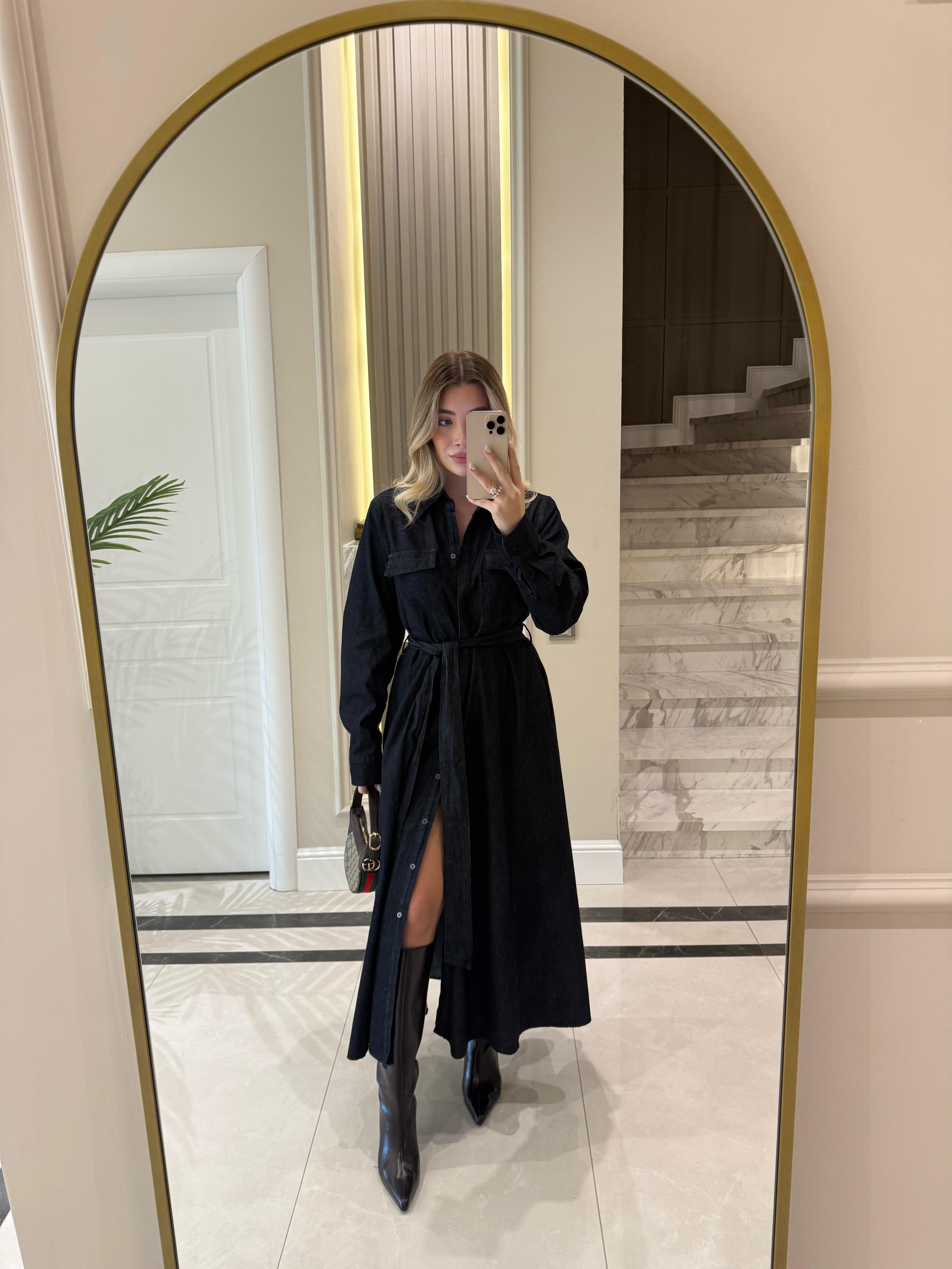 Lacivert Denim Elbise-35525