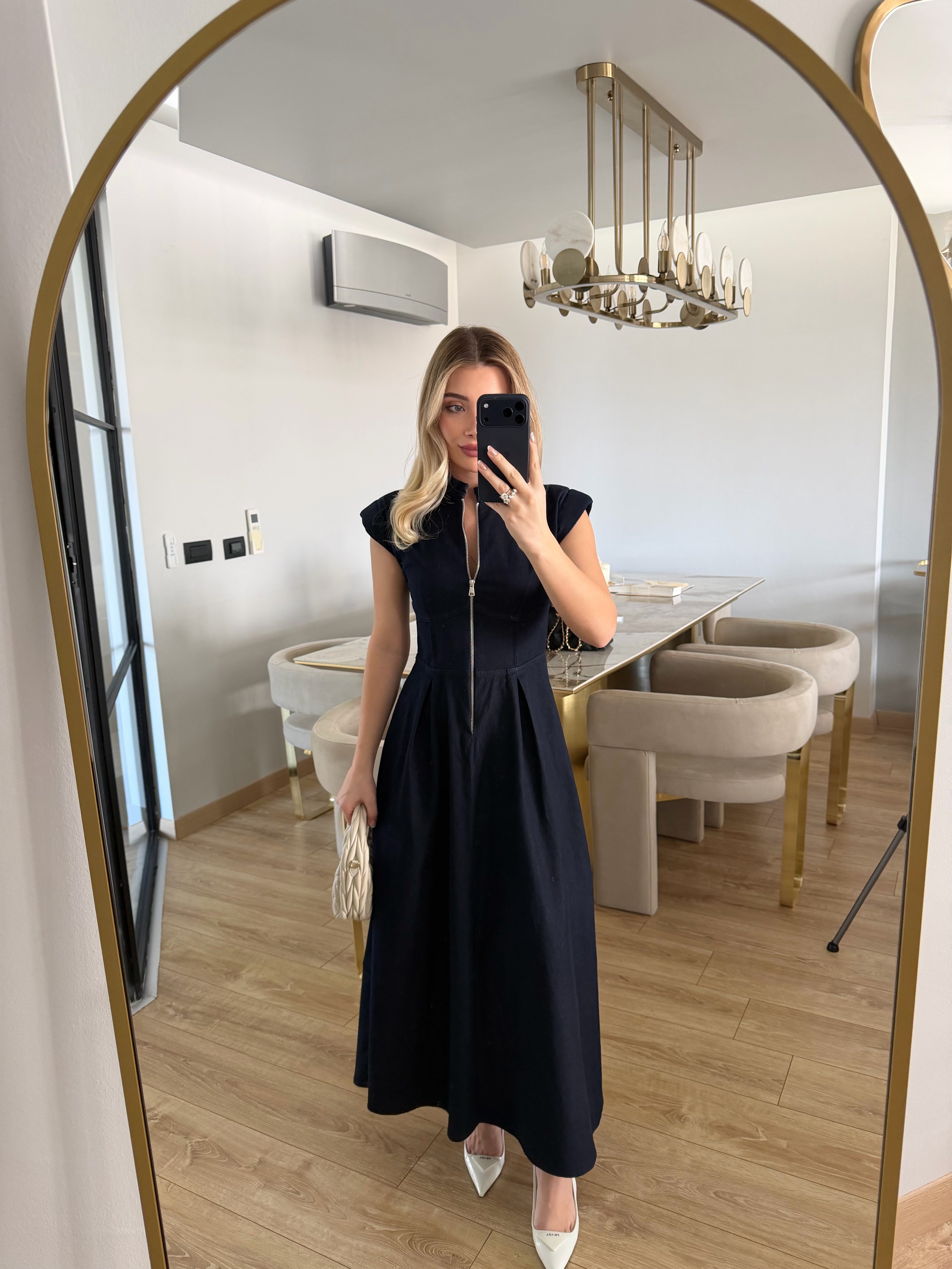 Lacivert Fermuarlı Vatkalı Elbise-3004