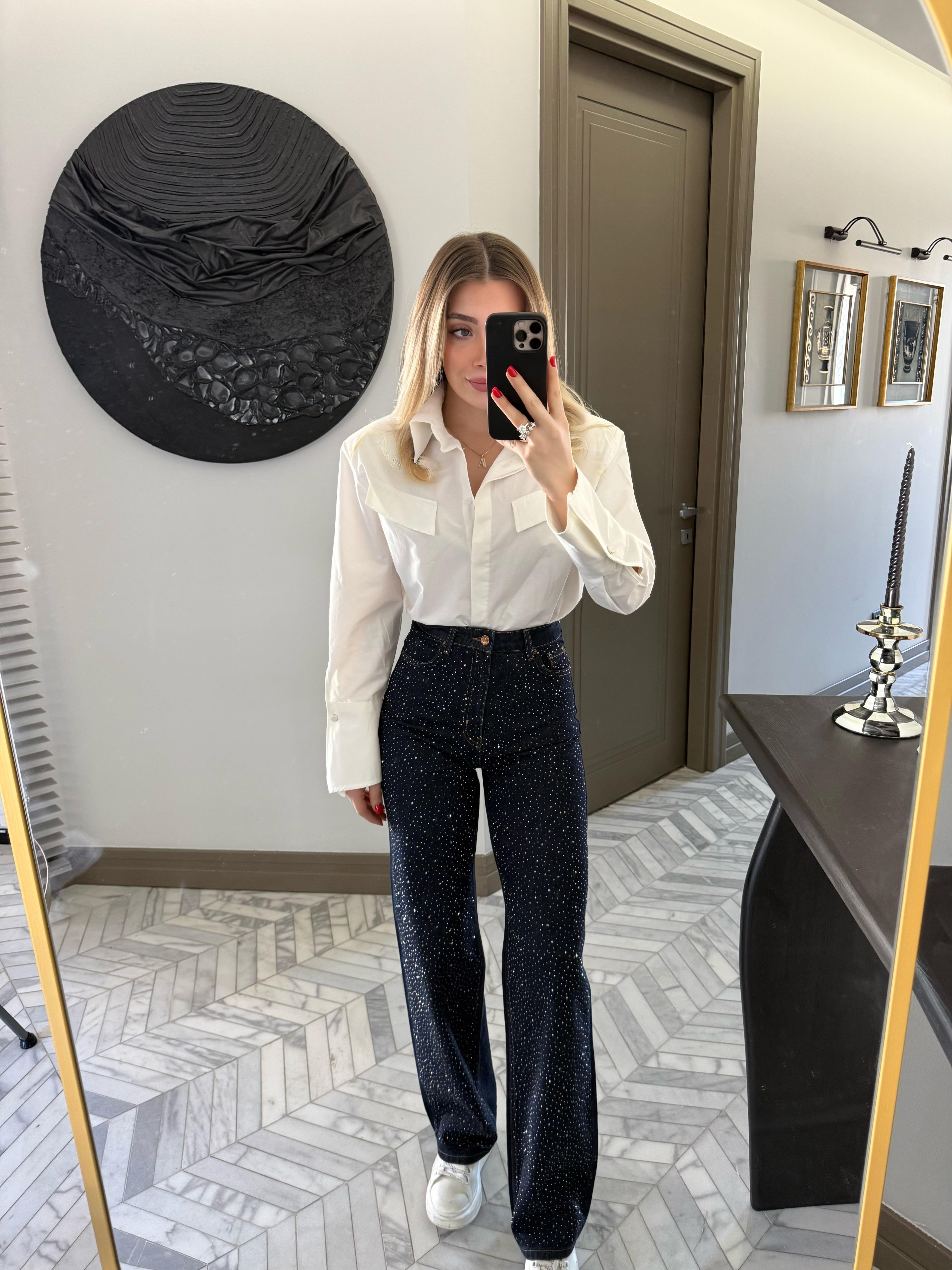 Lacivert Full Taşlı Straight Jean