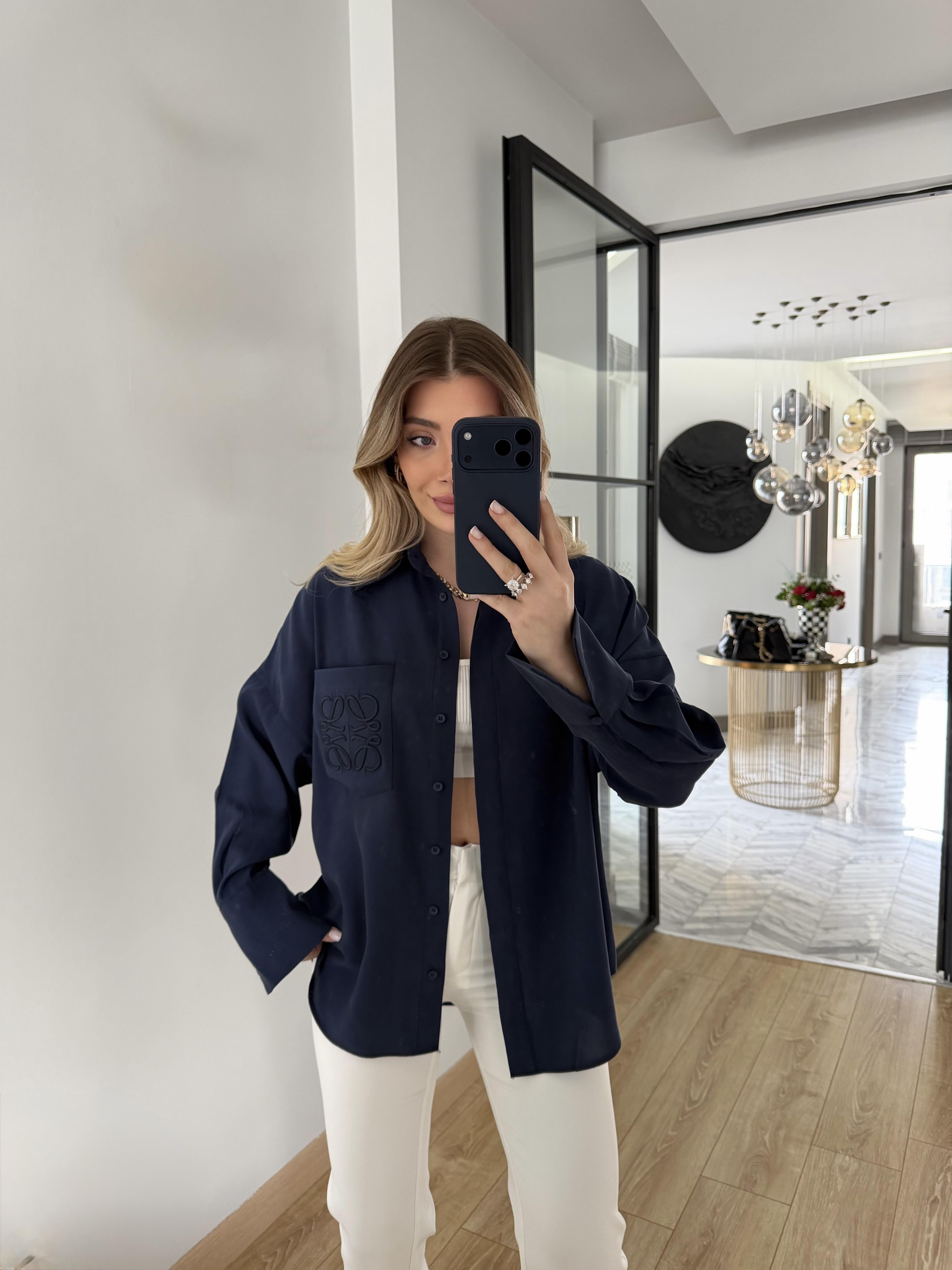 Lacivert Orjinal Marka Cebi Nakışlı Gömlek