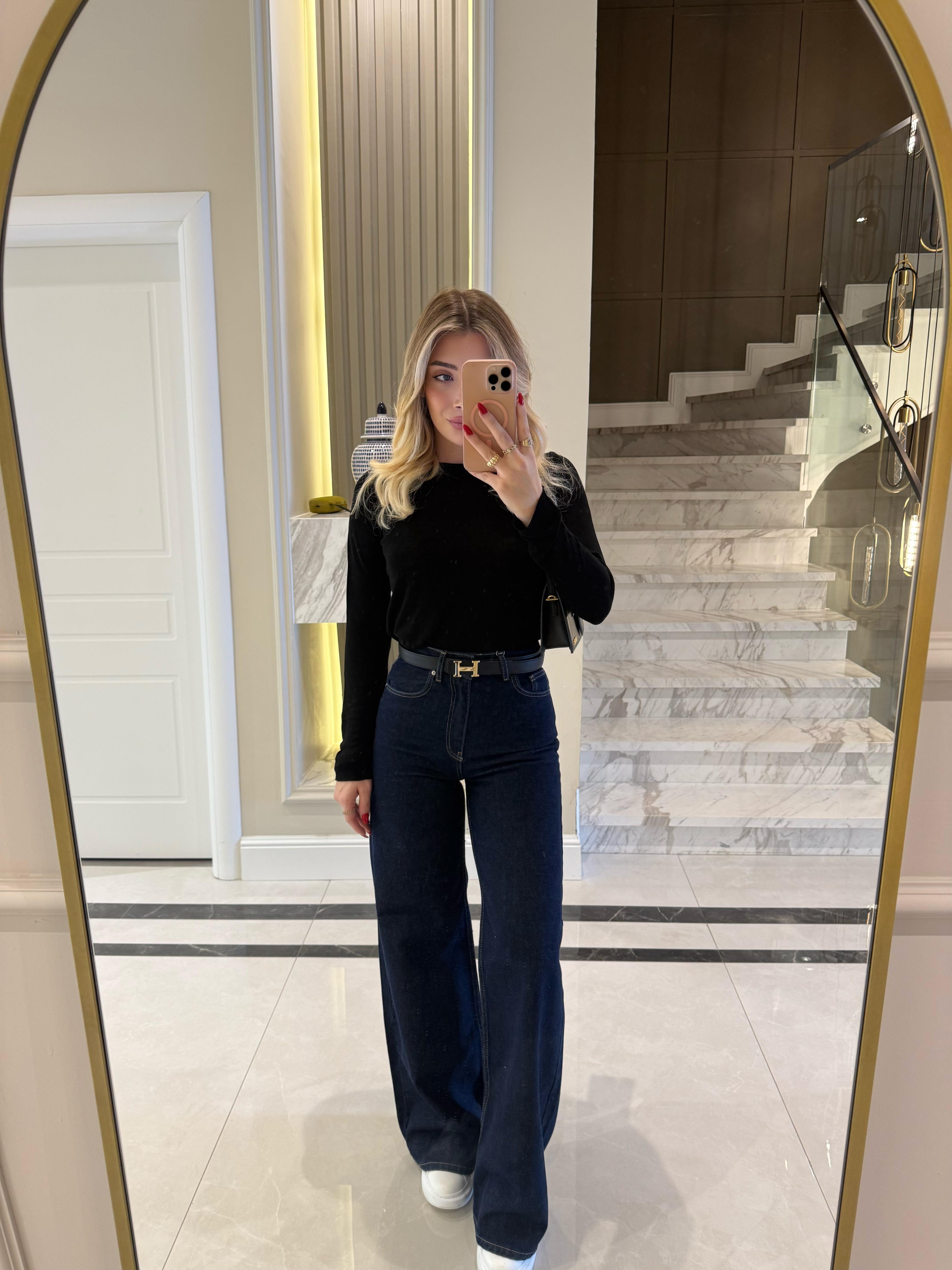 Lacivert Rins Yıkama  Geniş Paçalı Jean -71706