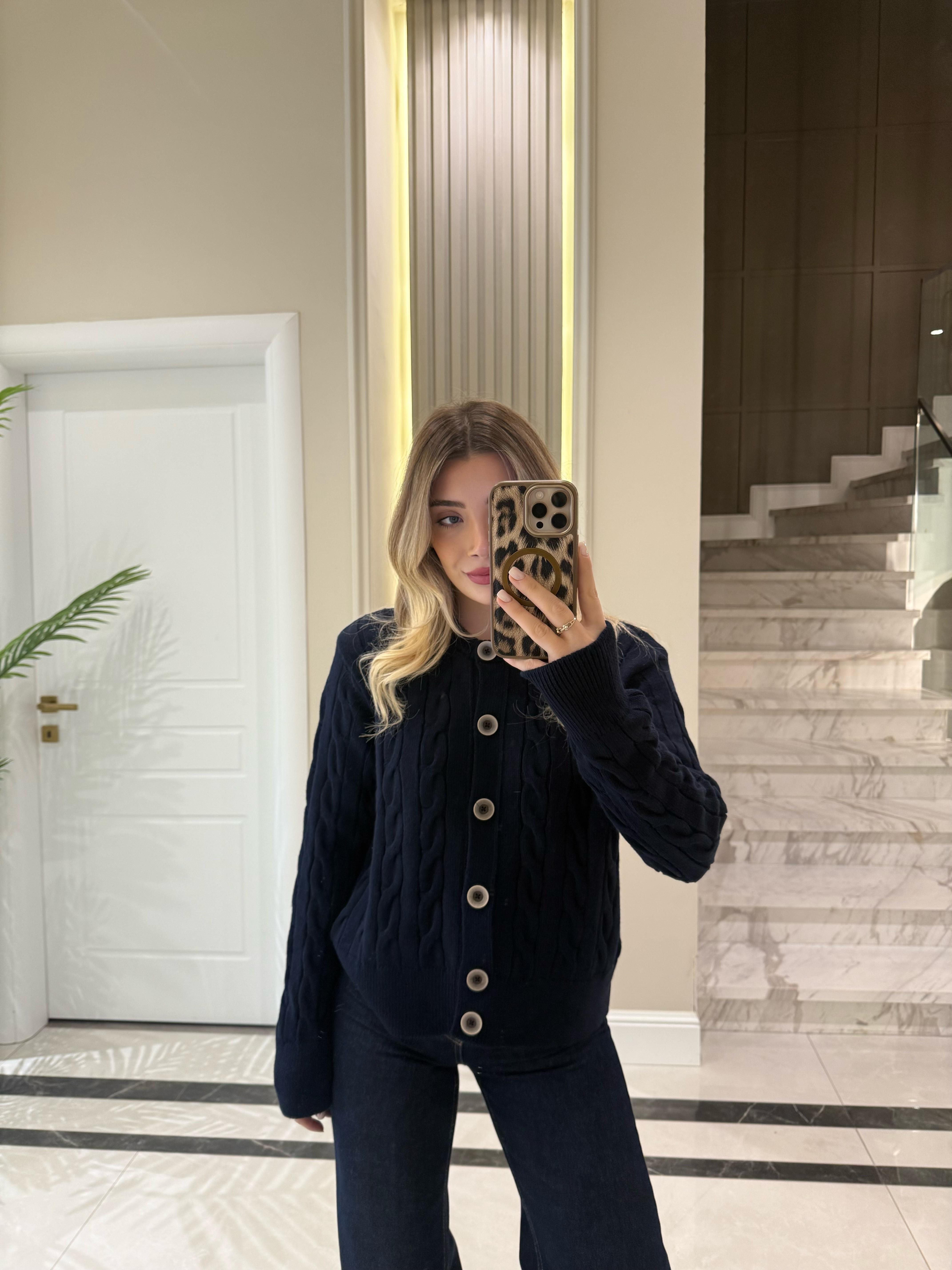 Lacivert Saç Örgülü Düğmeli Hırka-1030