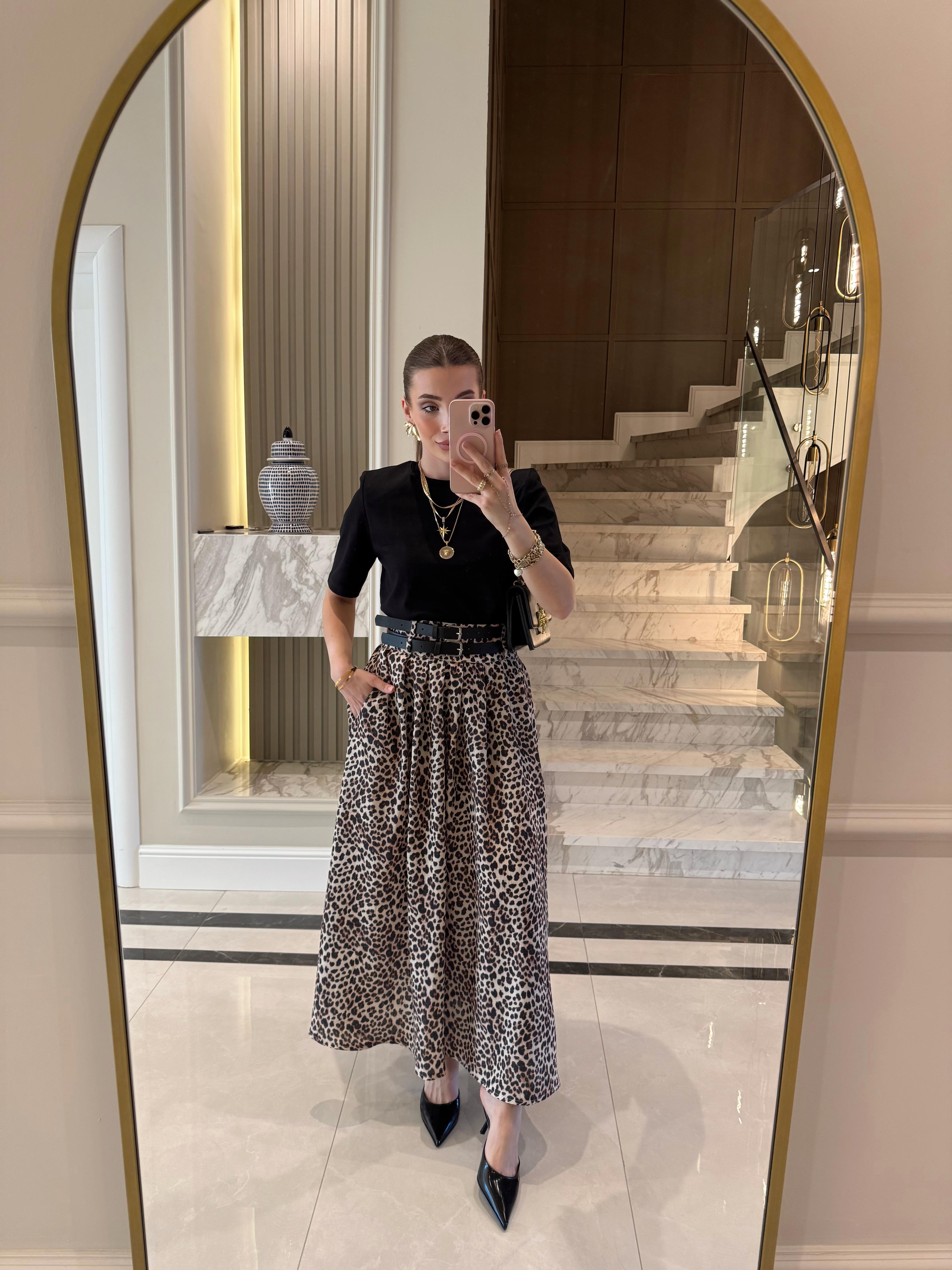 Leopar Desenli Keten Karışımlı Maksi Etek-7138