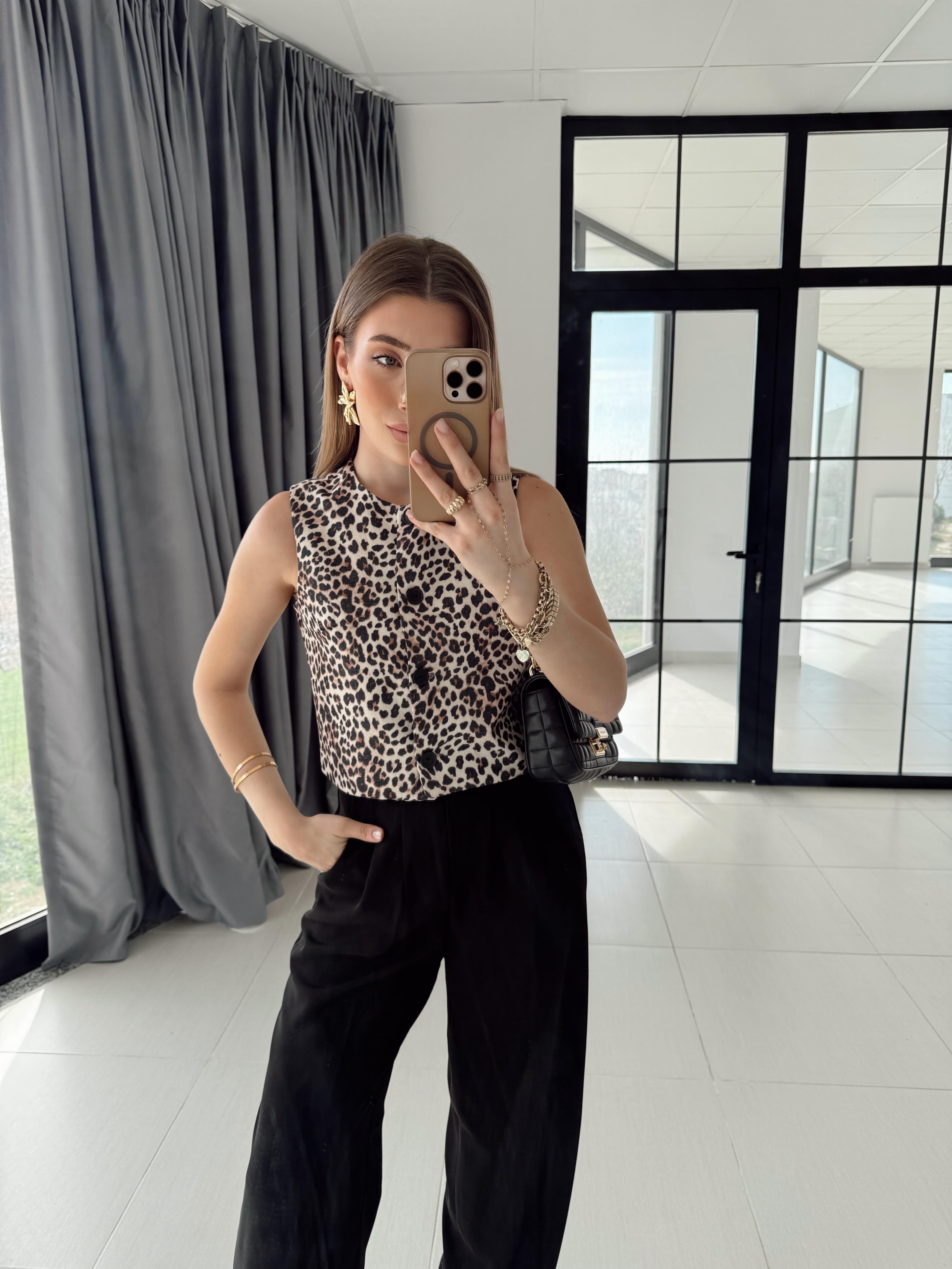 Leopar Desenli Keten Karışımlı Yelek-2517140