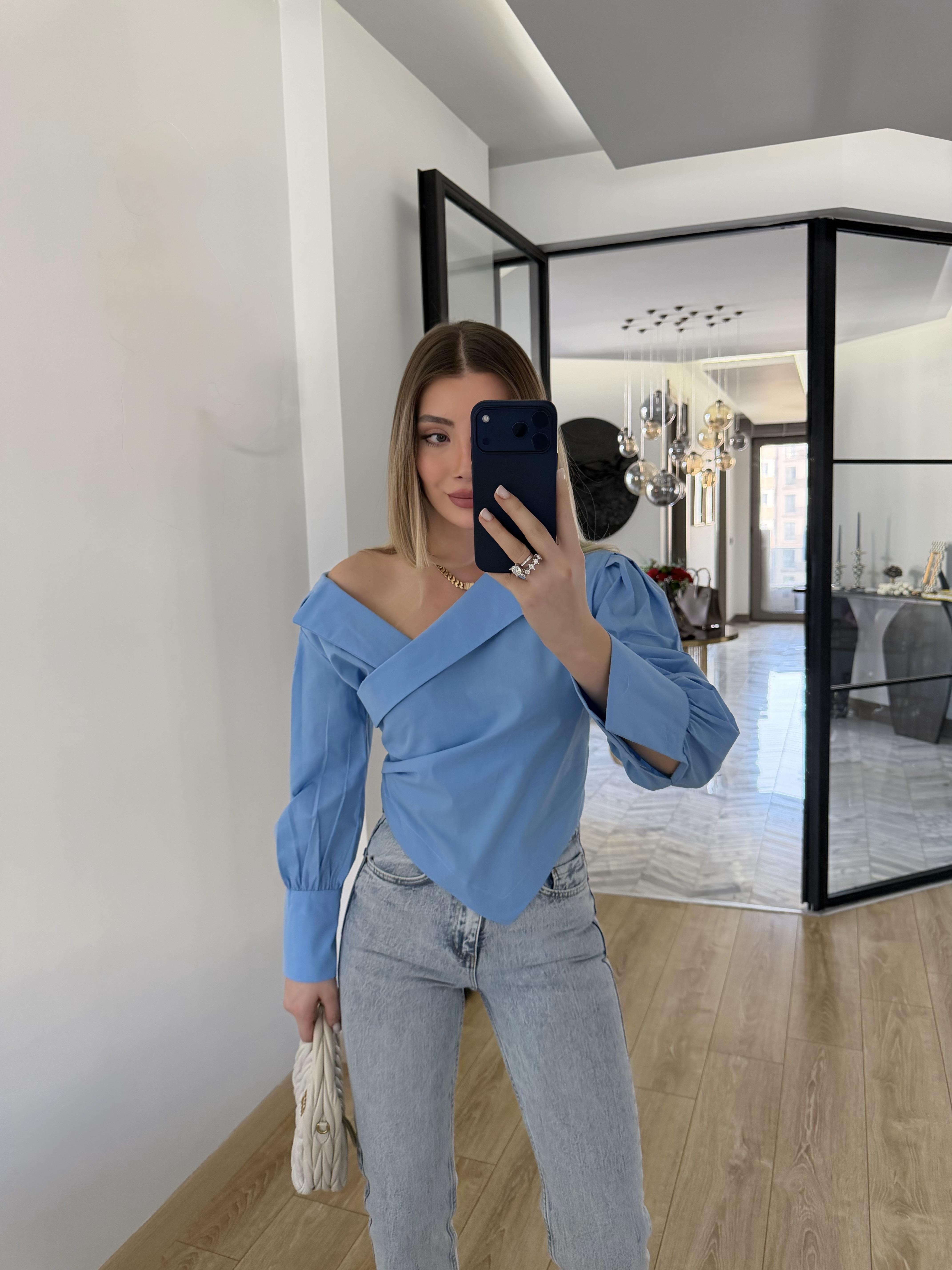 Mavi Asimetrik Yakalı Gömlek-0317