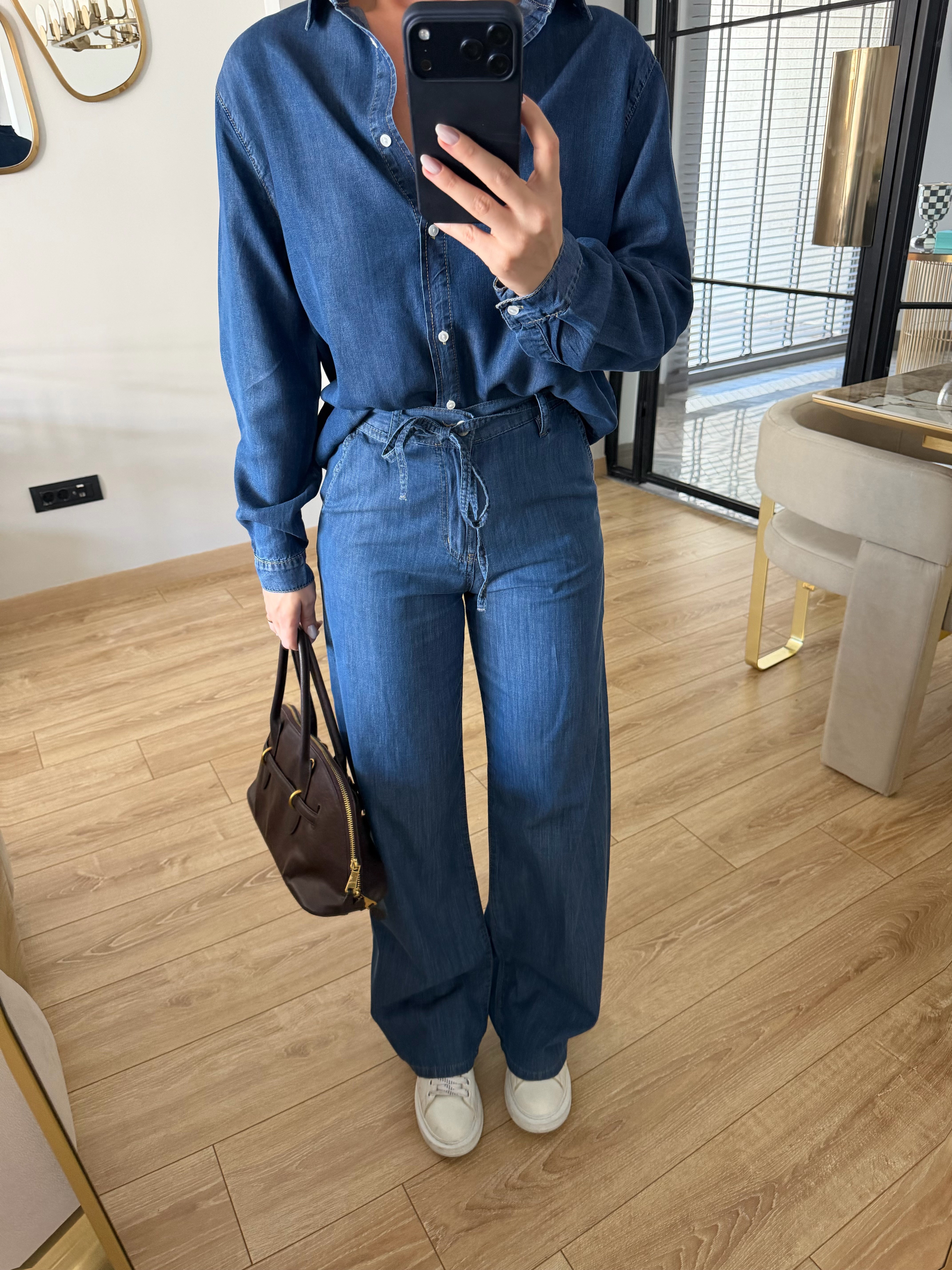 Mavi Bel Bağcıklı Wide Leg Jean - 3647