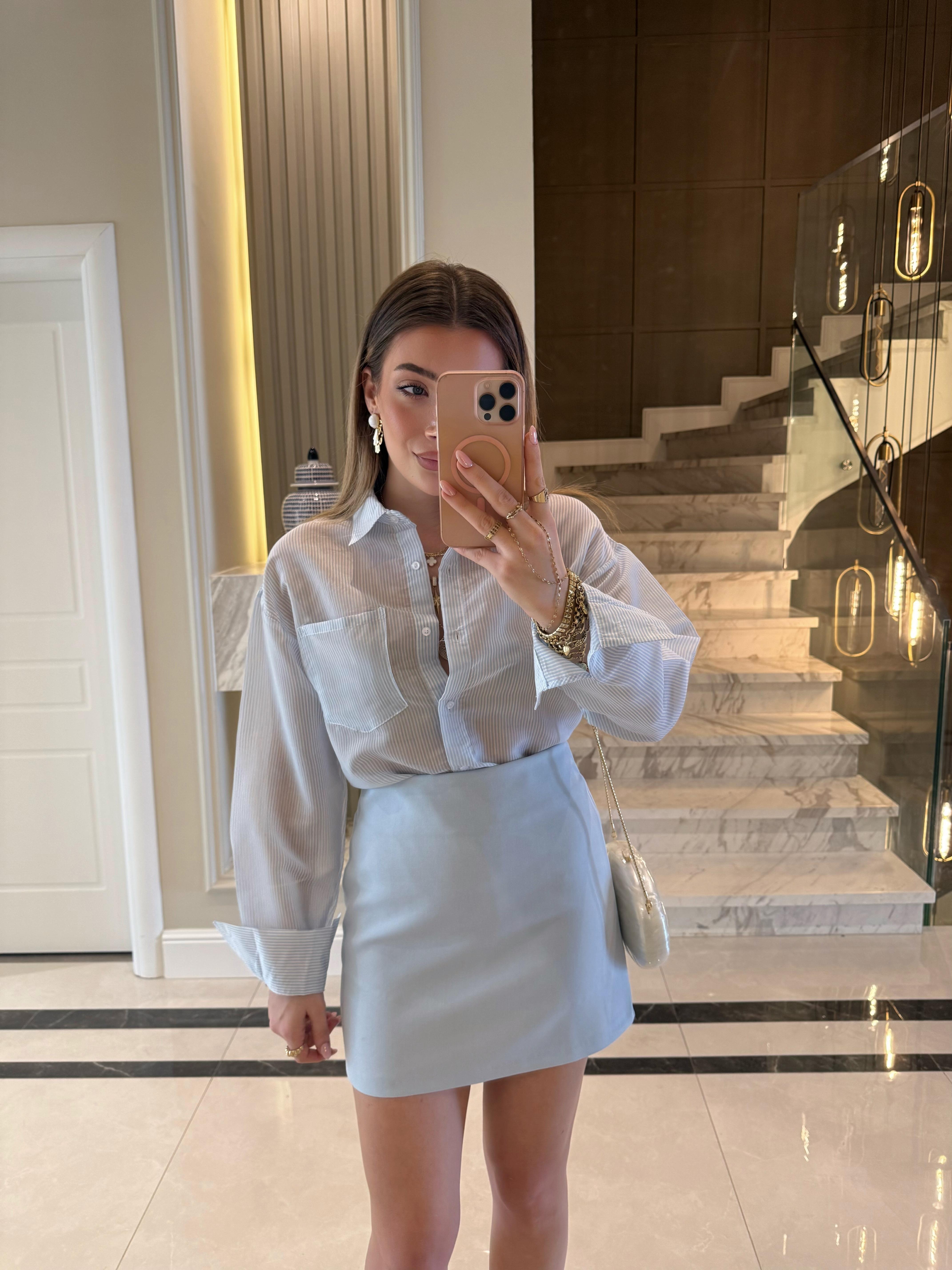 Mavi-Beyaz Çizgili Ms Oversize Gömlek 