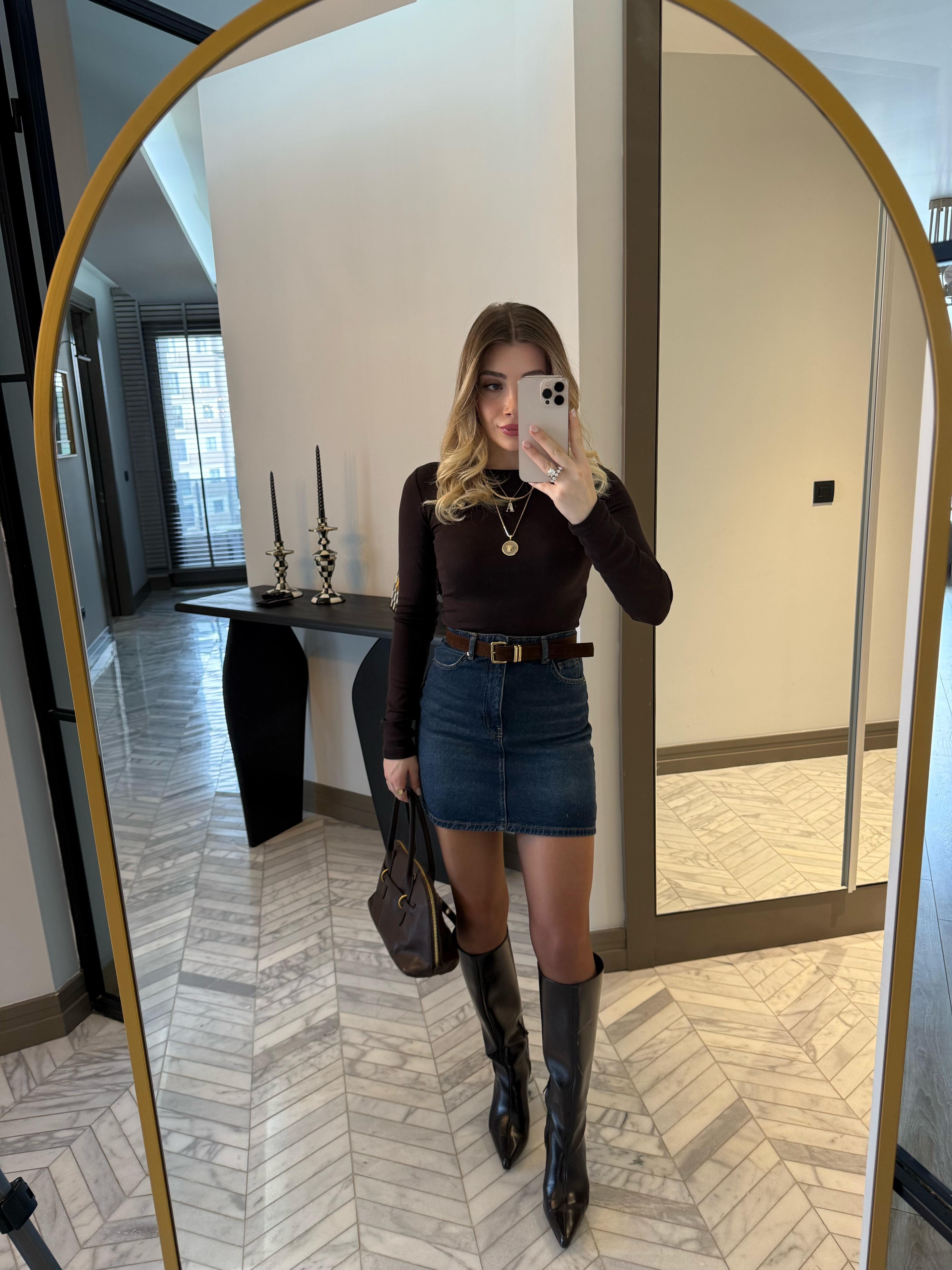 Mavi  Kemerli Denim Etek-1131