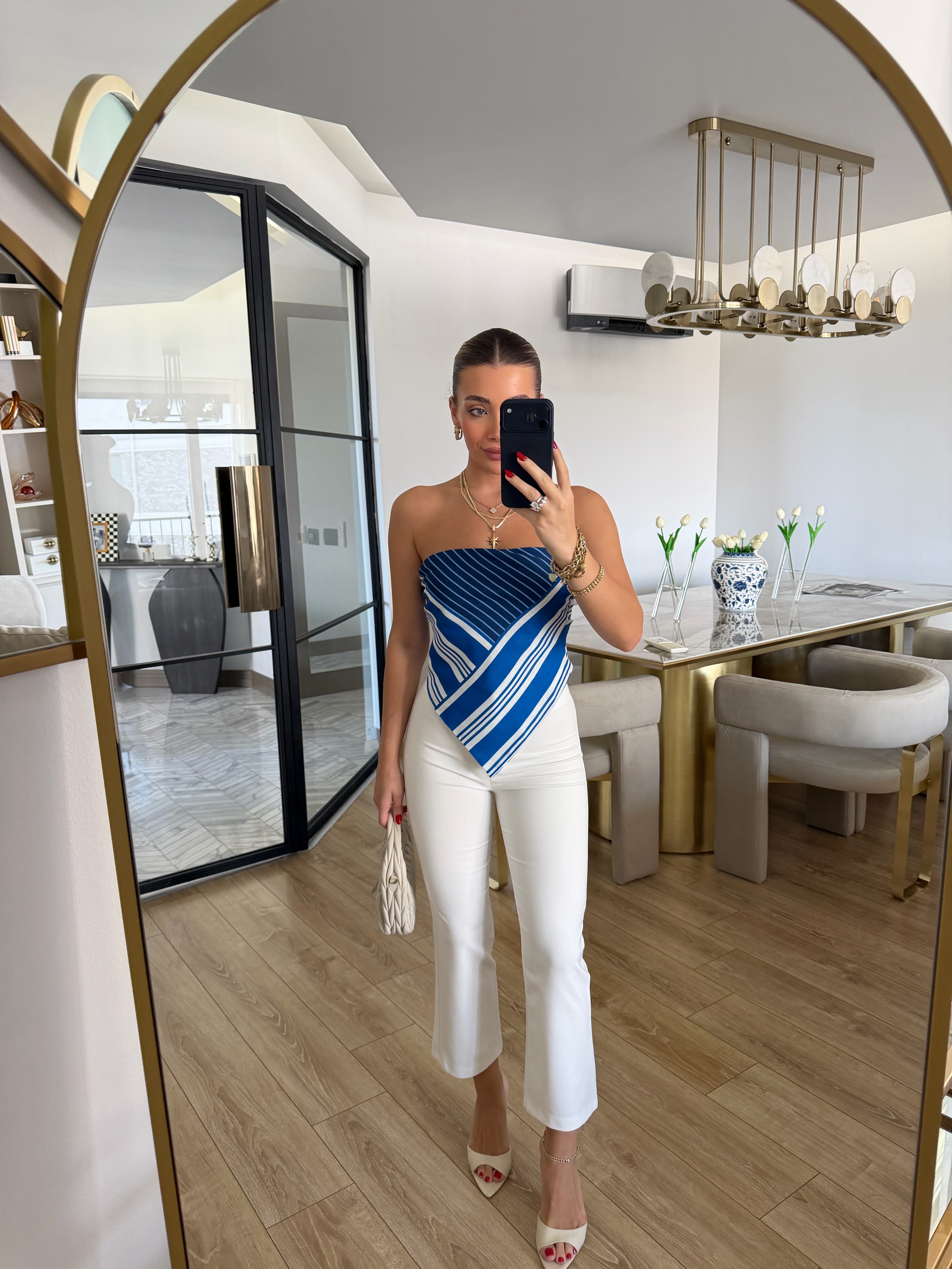 Mavi Sırtı Bağlamalı Keten Bluz - 2234