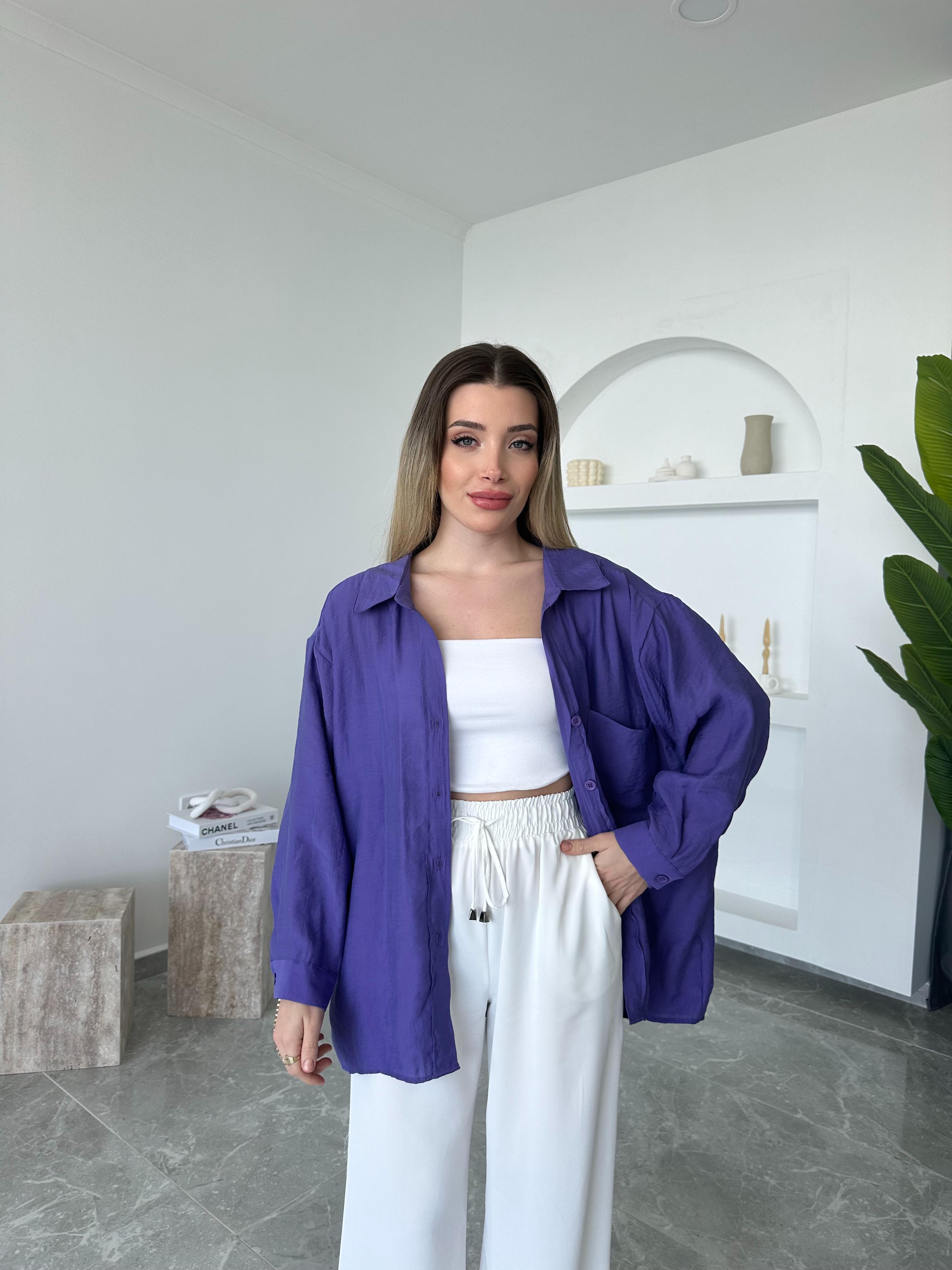 Mor Oversize Tensel Gömlek 