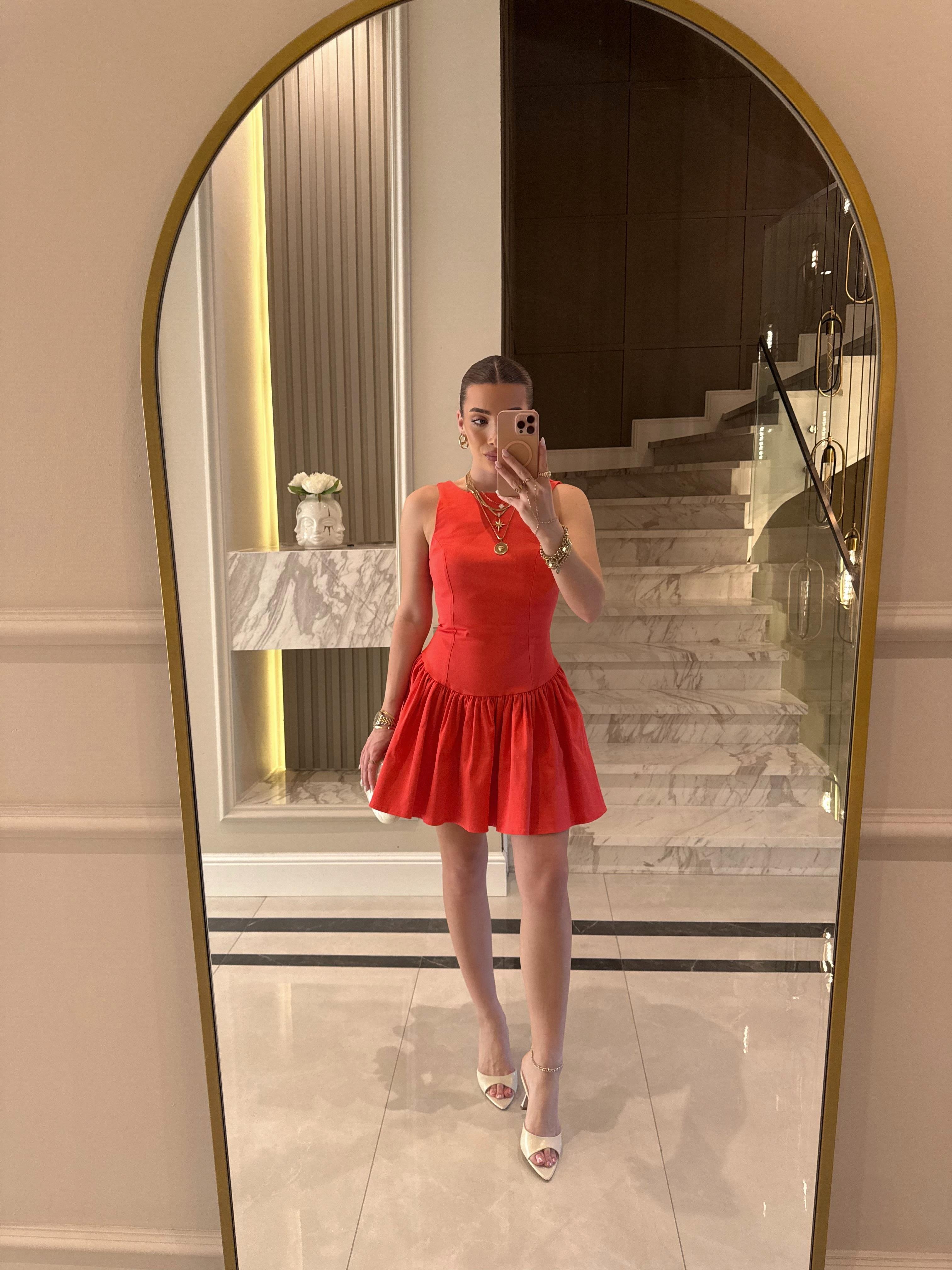 Nar Çiçeği  Kuplu Büzgülü Mini Elbise 