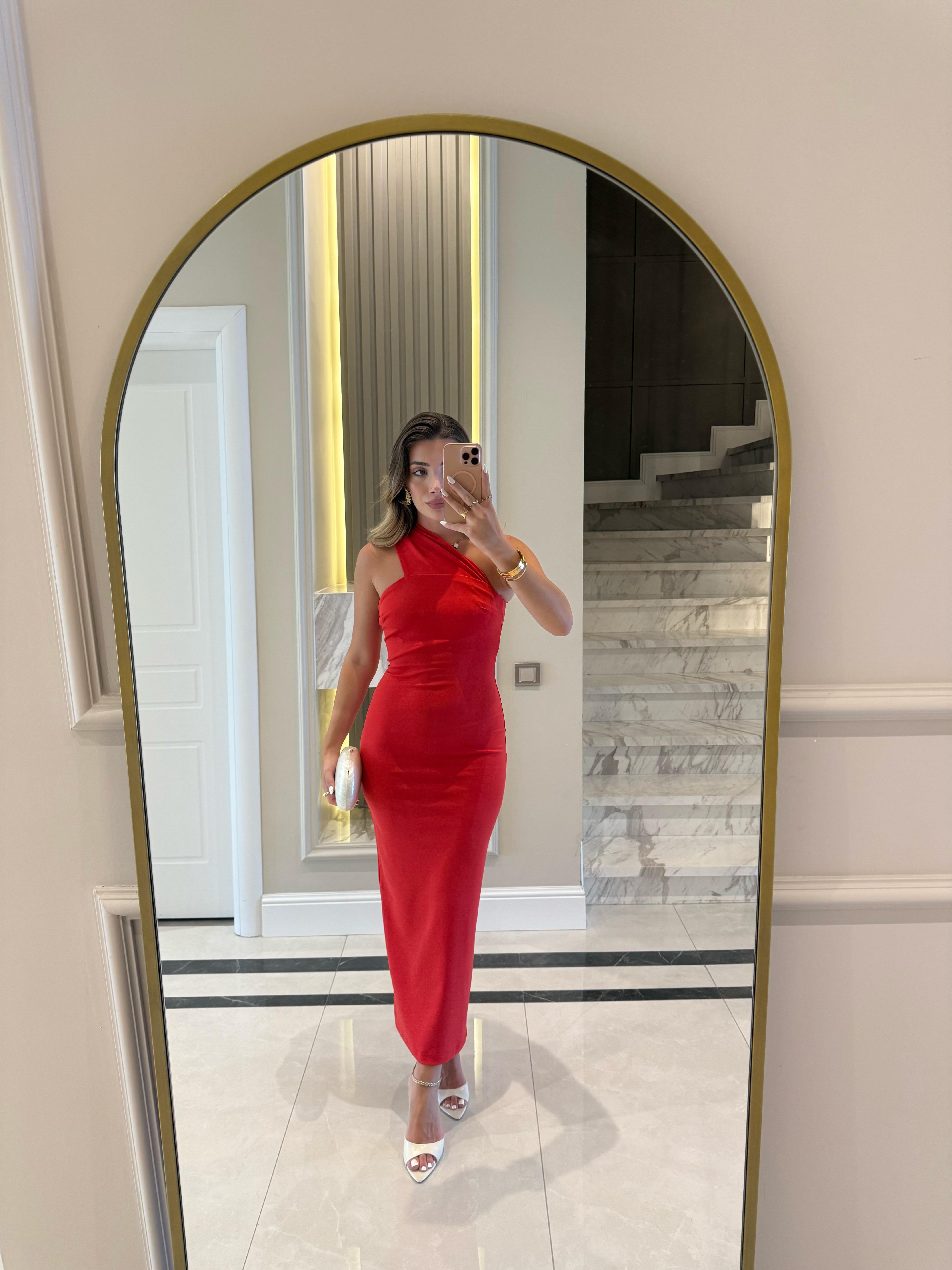 Nar Çiçeği Tek Omuz Midi Boy Elbise