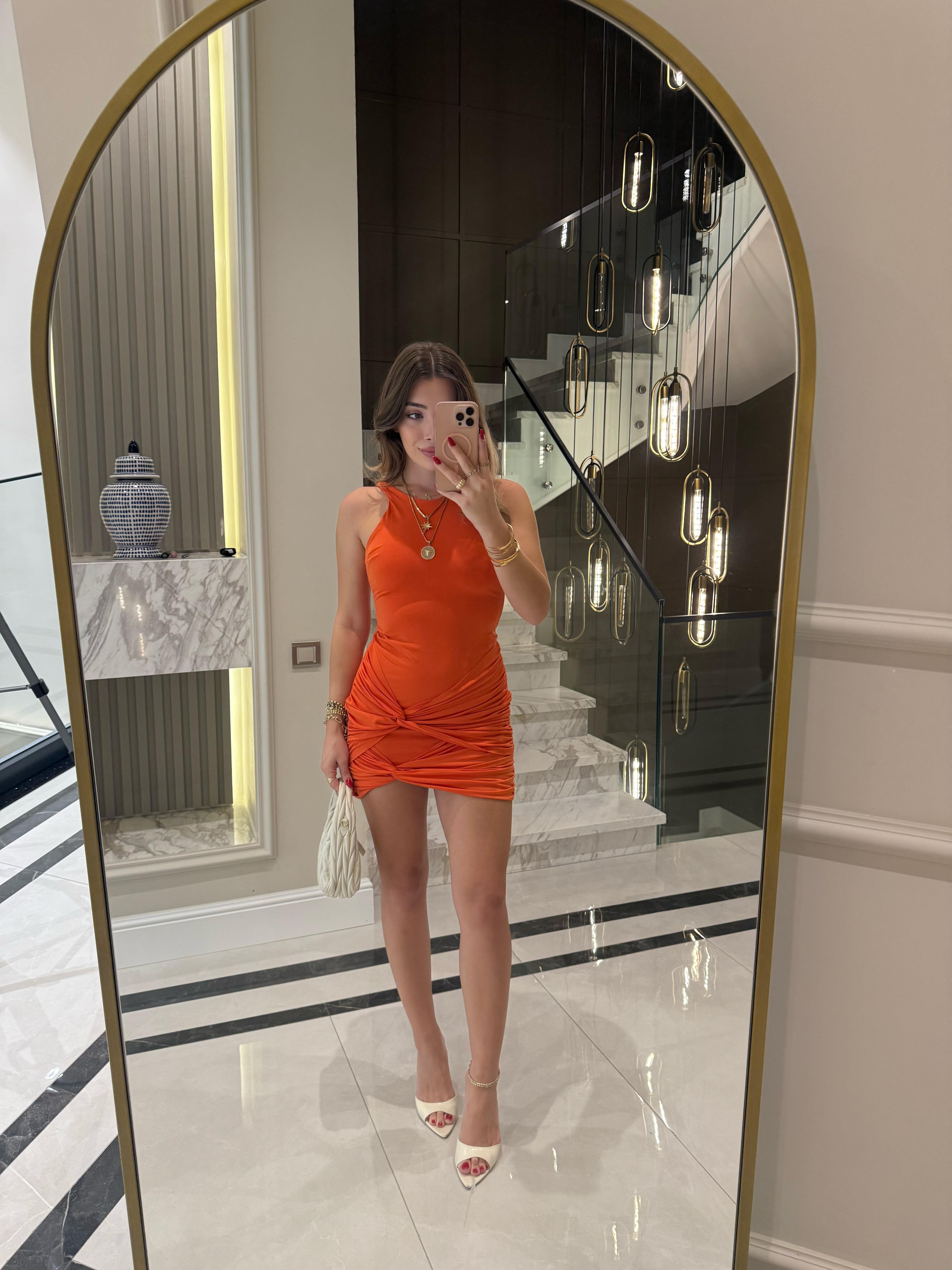 Orange Halter Yakalı Eteği Düğüm Detaylı Elbise
