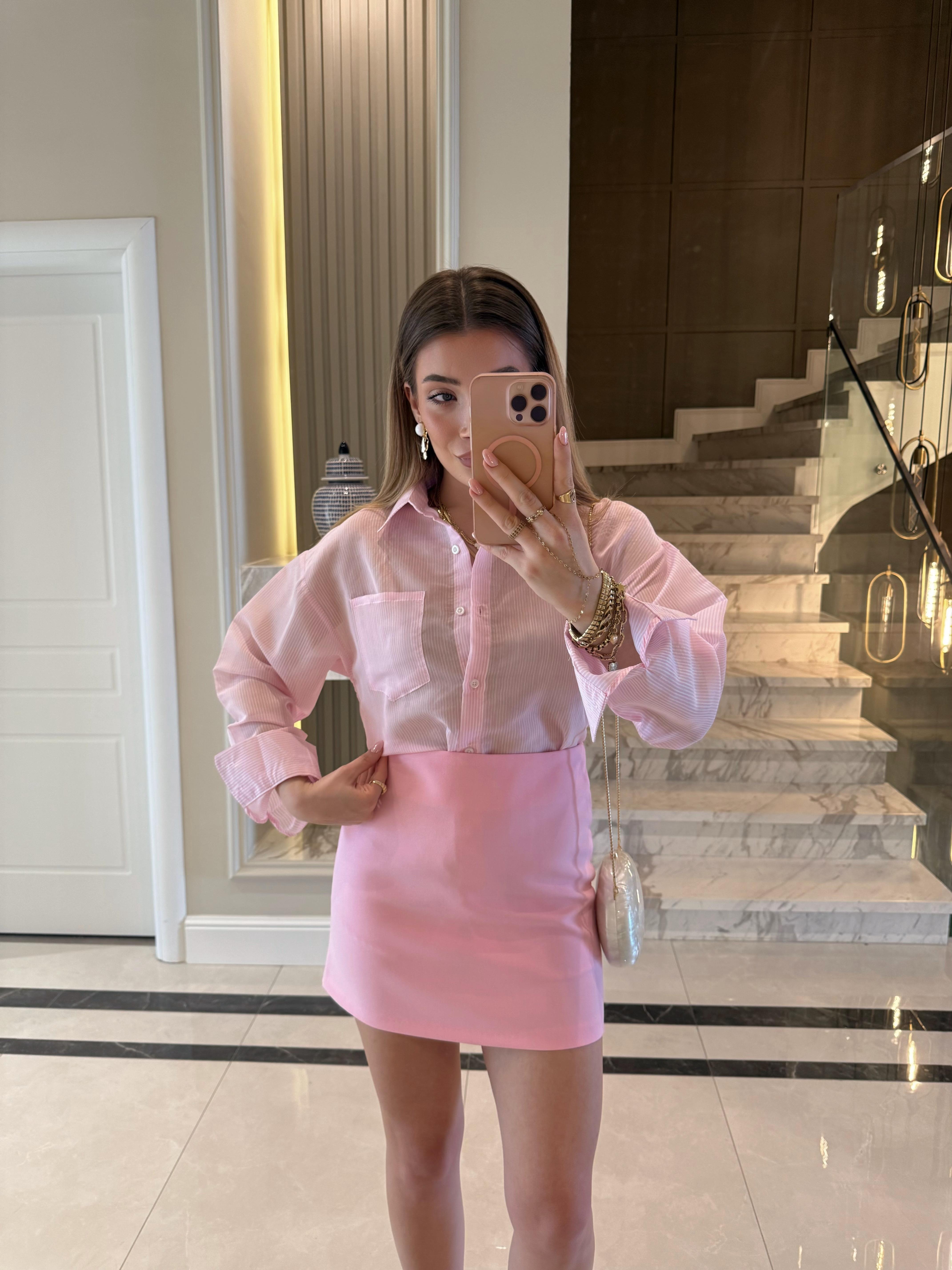 Pembe -Beyaz Çizgili Ms Oversize Gömlek 