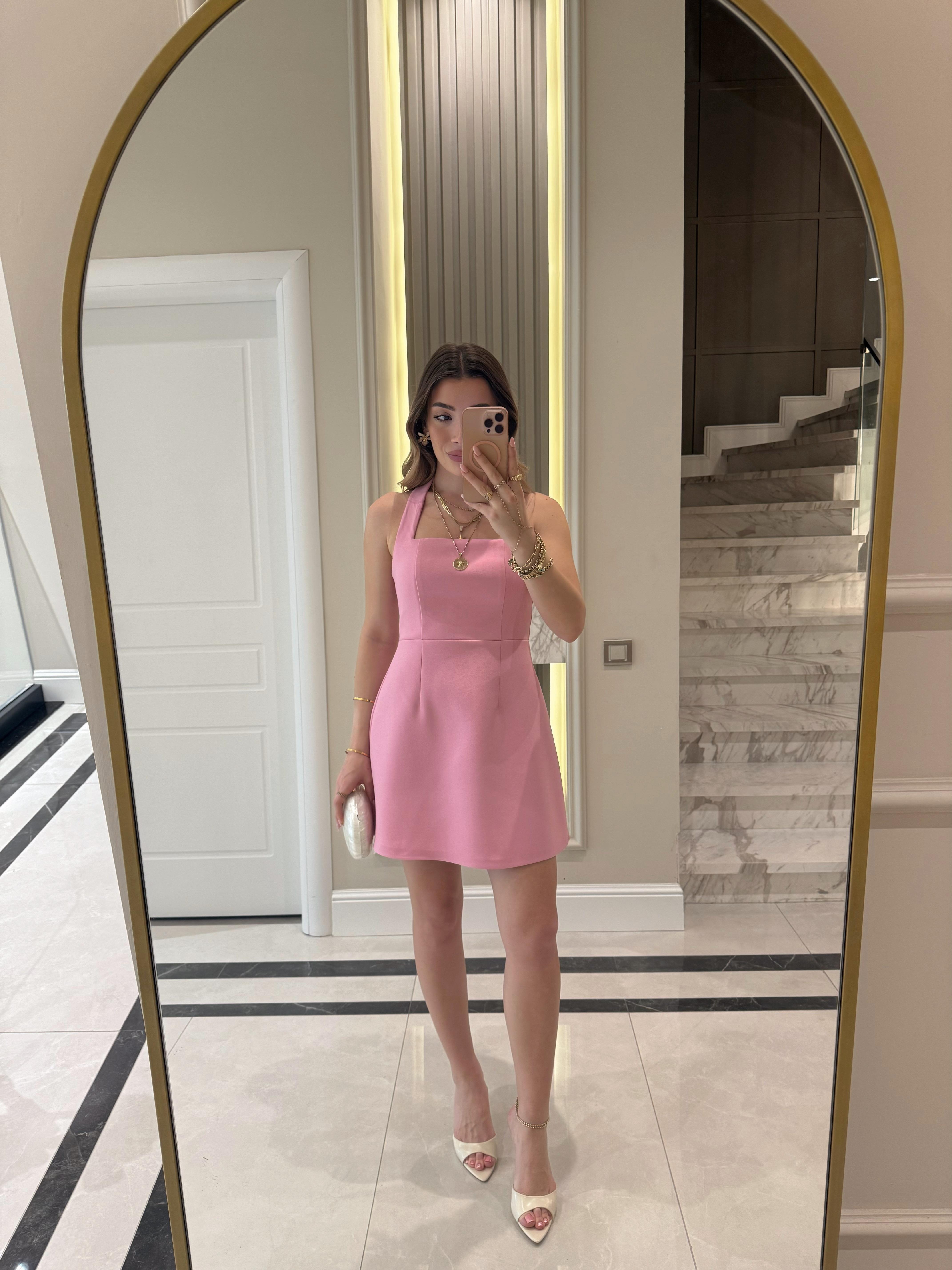 Pembe  Boyundan Askılı Mini Elbise