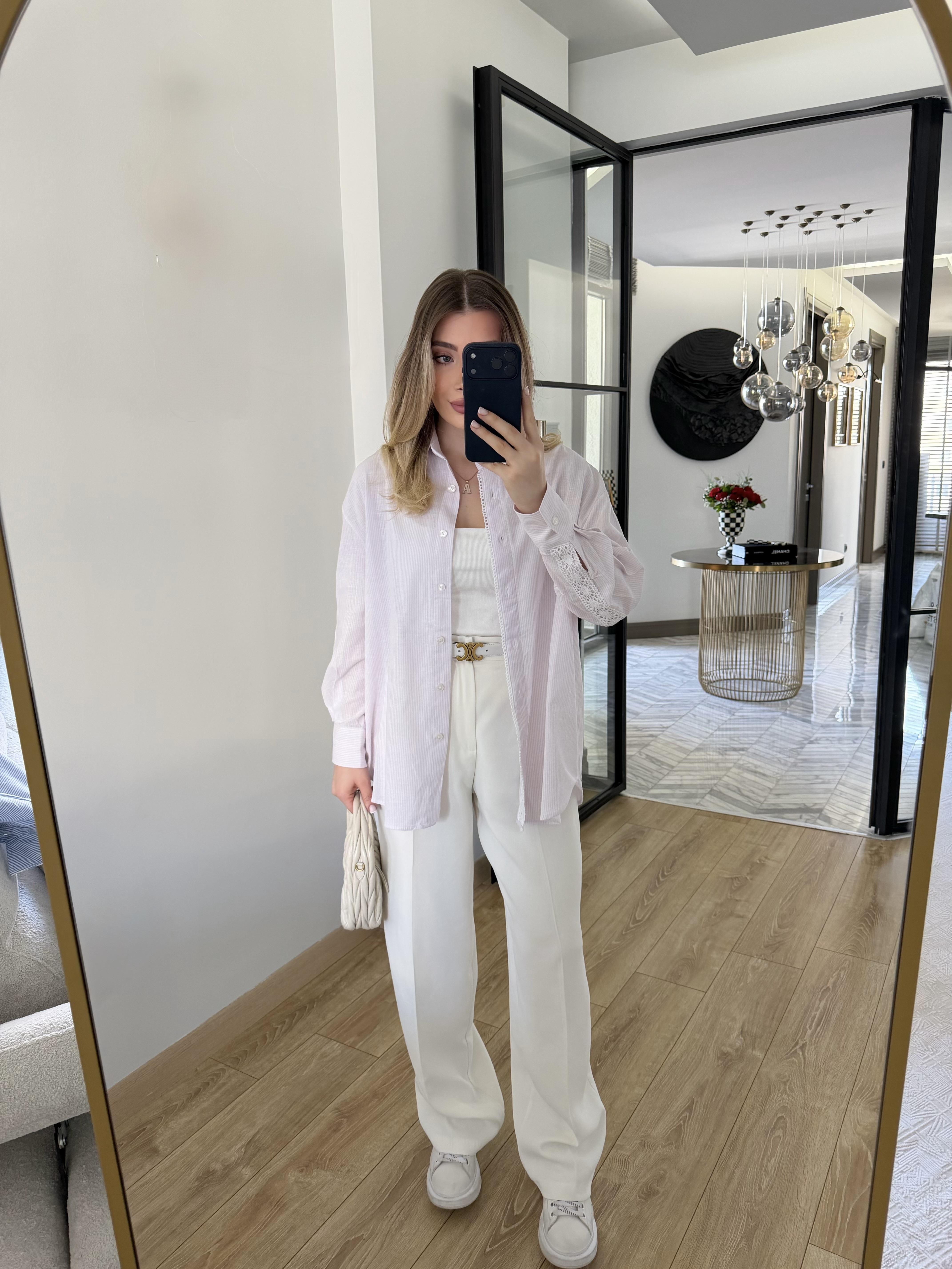 Pembe Dantel Şeritli Çizgili Gömlek-4958