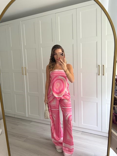 Pembe Geometrik Desenli İkili Saten Takım